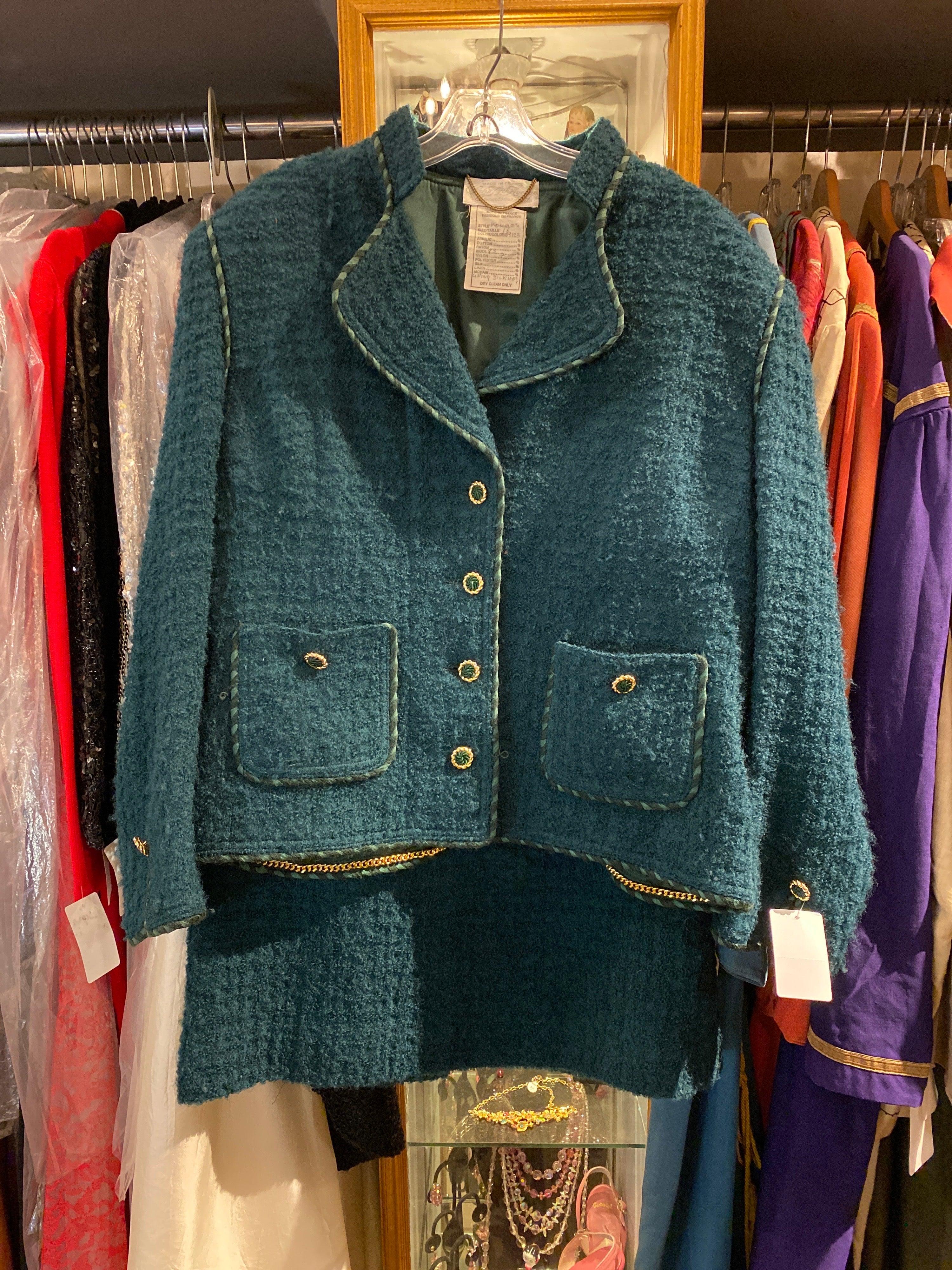 1980s Forest Green Suit with weighted chain hem. 