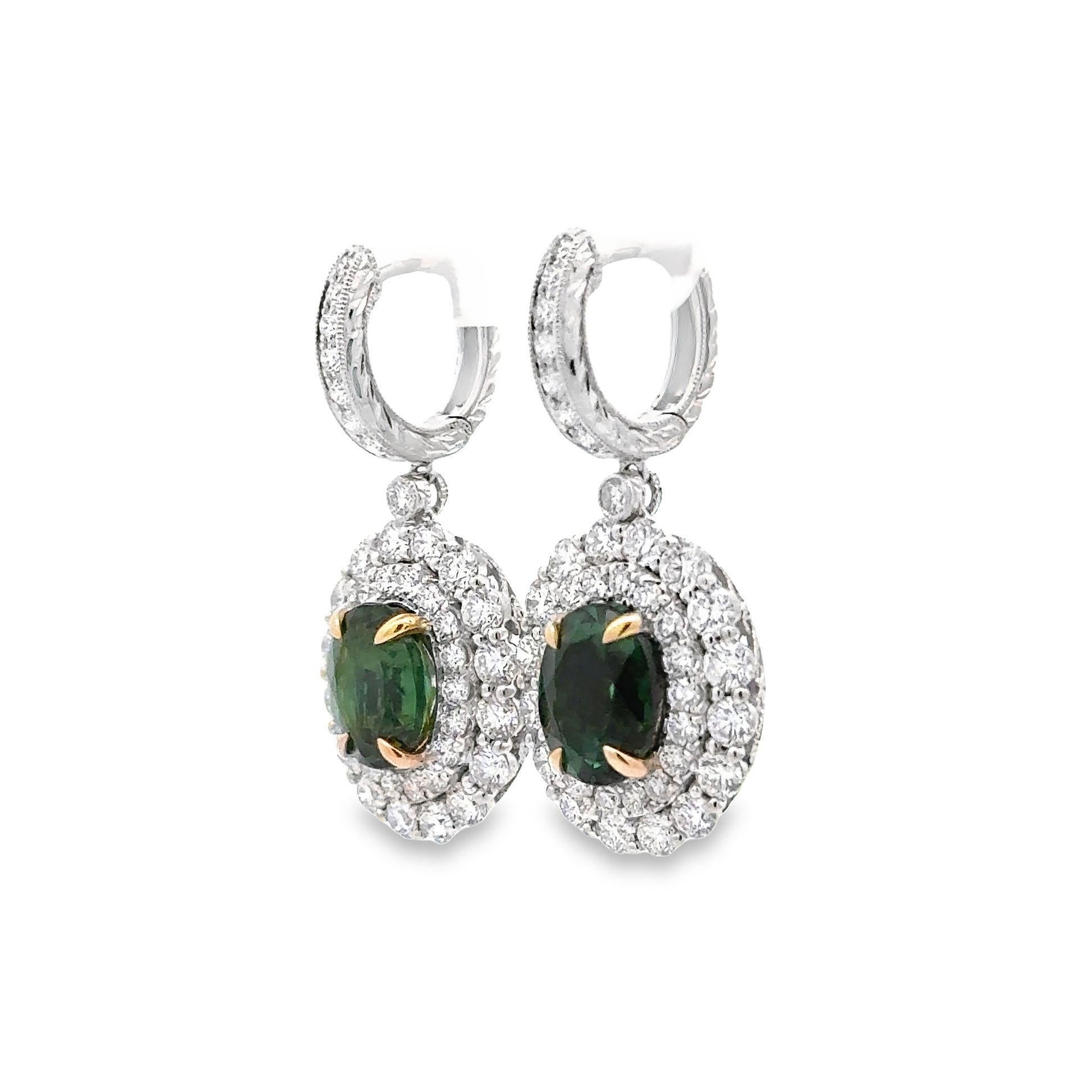 Oval Cut Forest Green Tourmaline Diamond 18K White Gold Drop Dangle Earrings For Sale