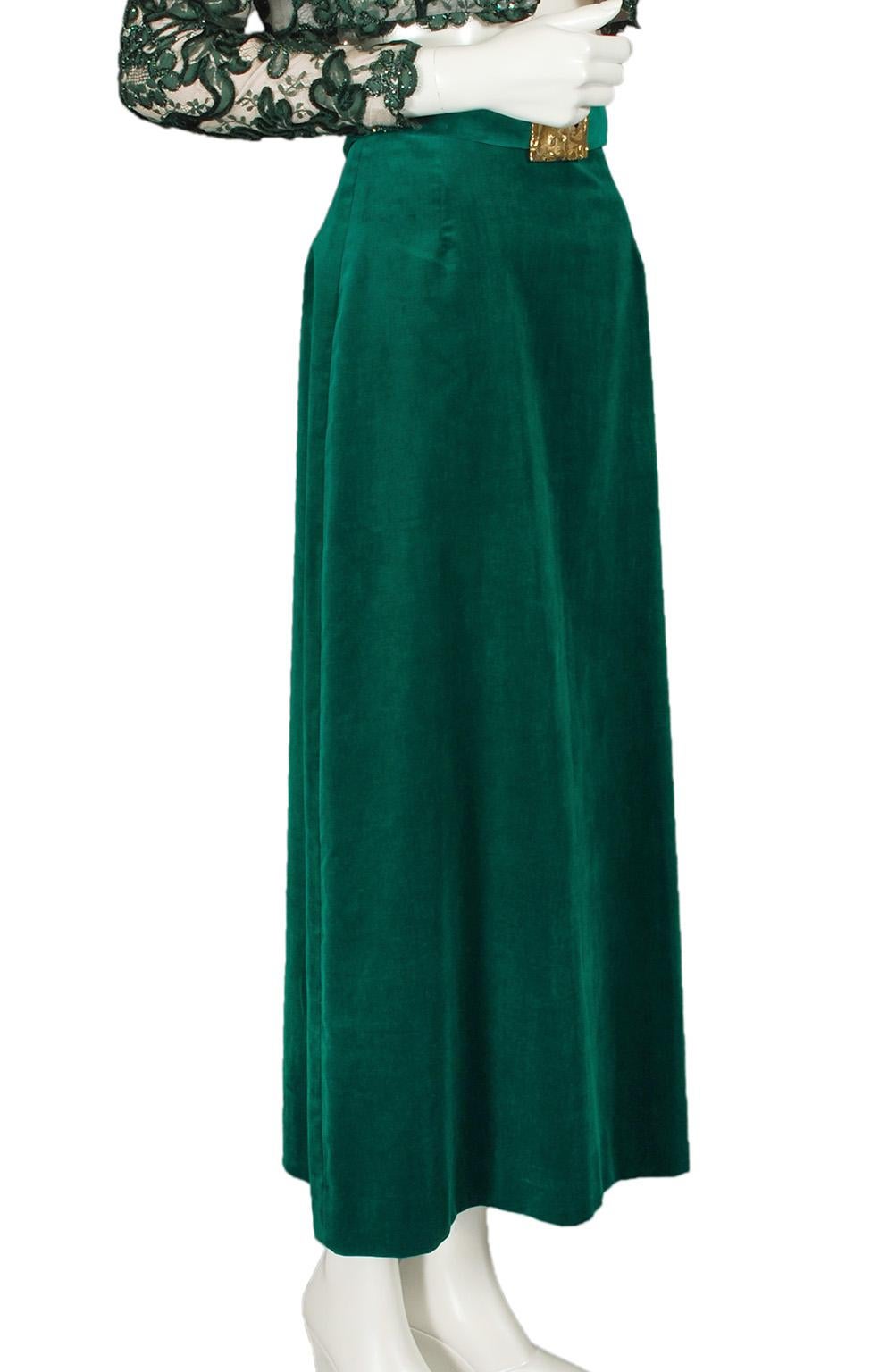 Blue Forest Green Velveteen Hostess Maxi Skirt w Brutalist Gold Buckle - XS, 1960s