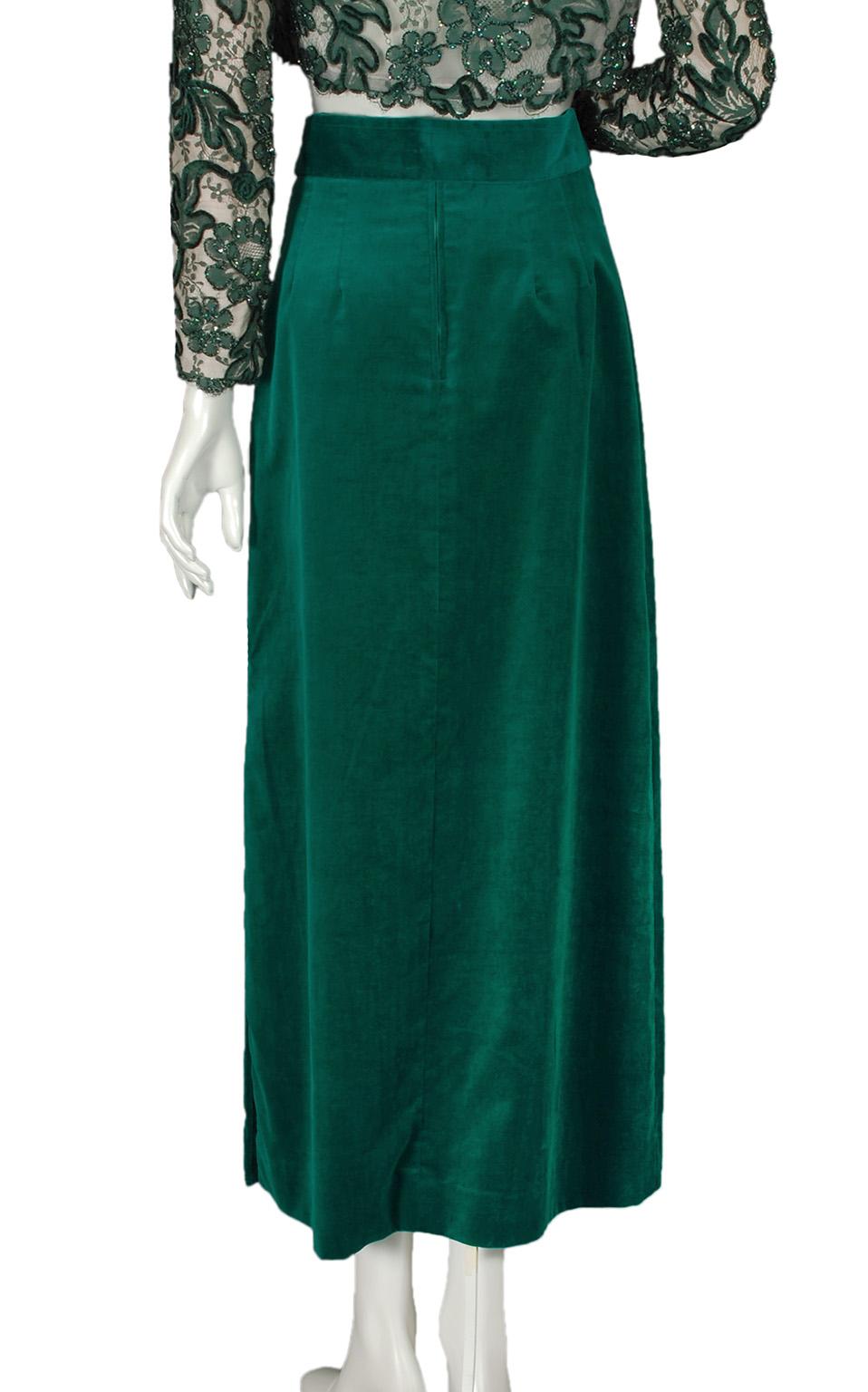 Women's Forest Green Velveteen Hostess Maxi Skirt w Brutalist Gold Buckle - XS, 1960s