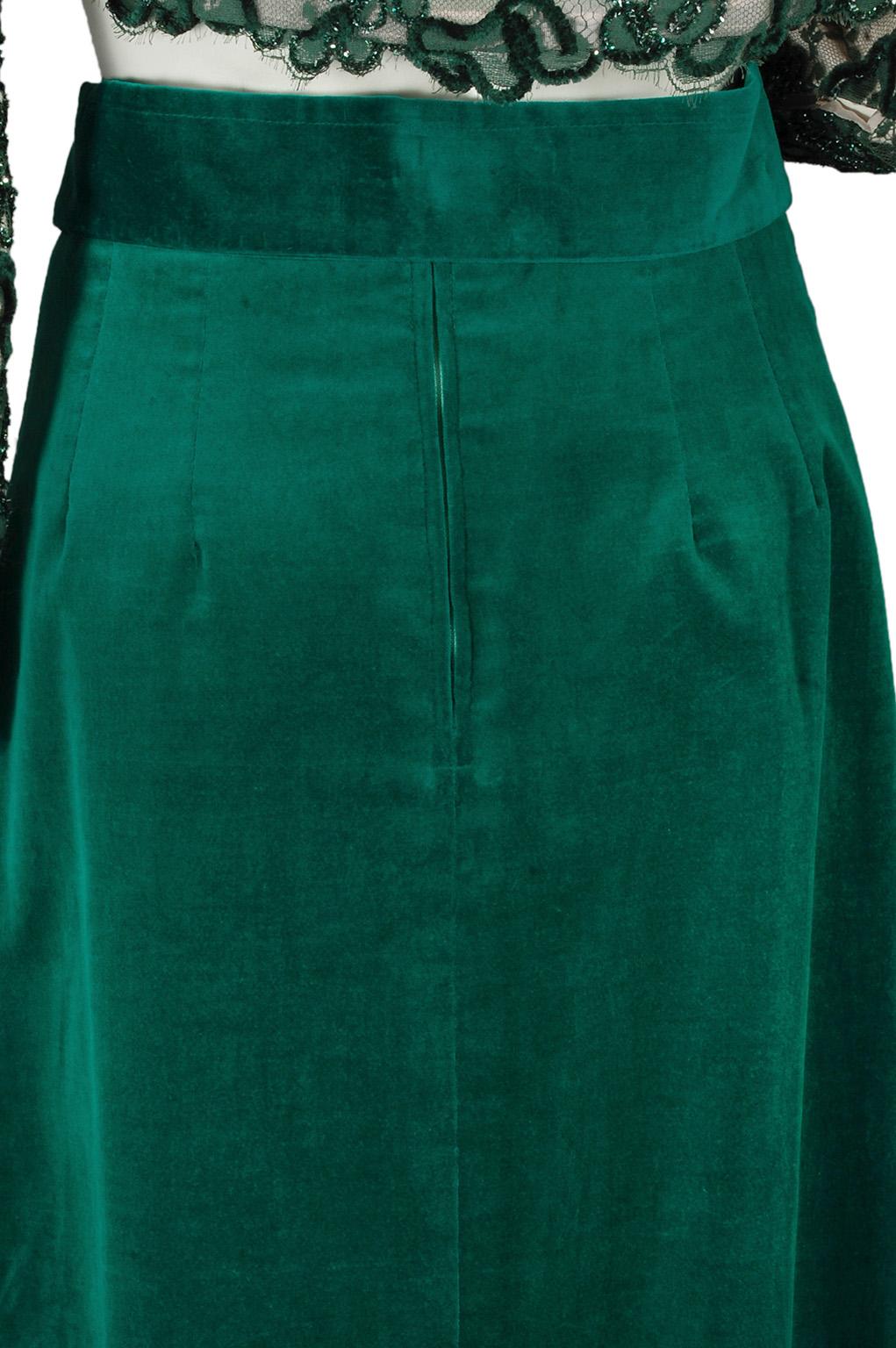 Forest Green Velveteen Hostess Maxi Skirt w Brutalist Gold Buckle - XS, 1960s 1