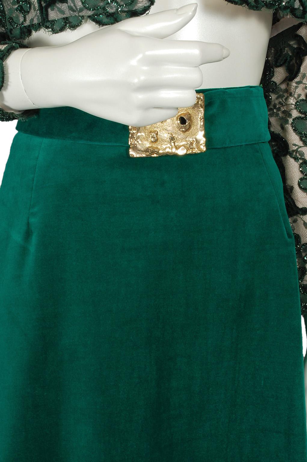 Forest Green Velveteen Hostess Maxi Skirt w Brutalist Gold Buckle - XS, 1960s 2