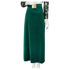 Forest Green Velveteen Hostess Maxi Skirt w Brutalist Gold Buckle - XS, 1960s