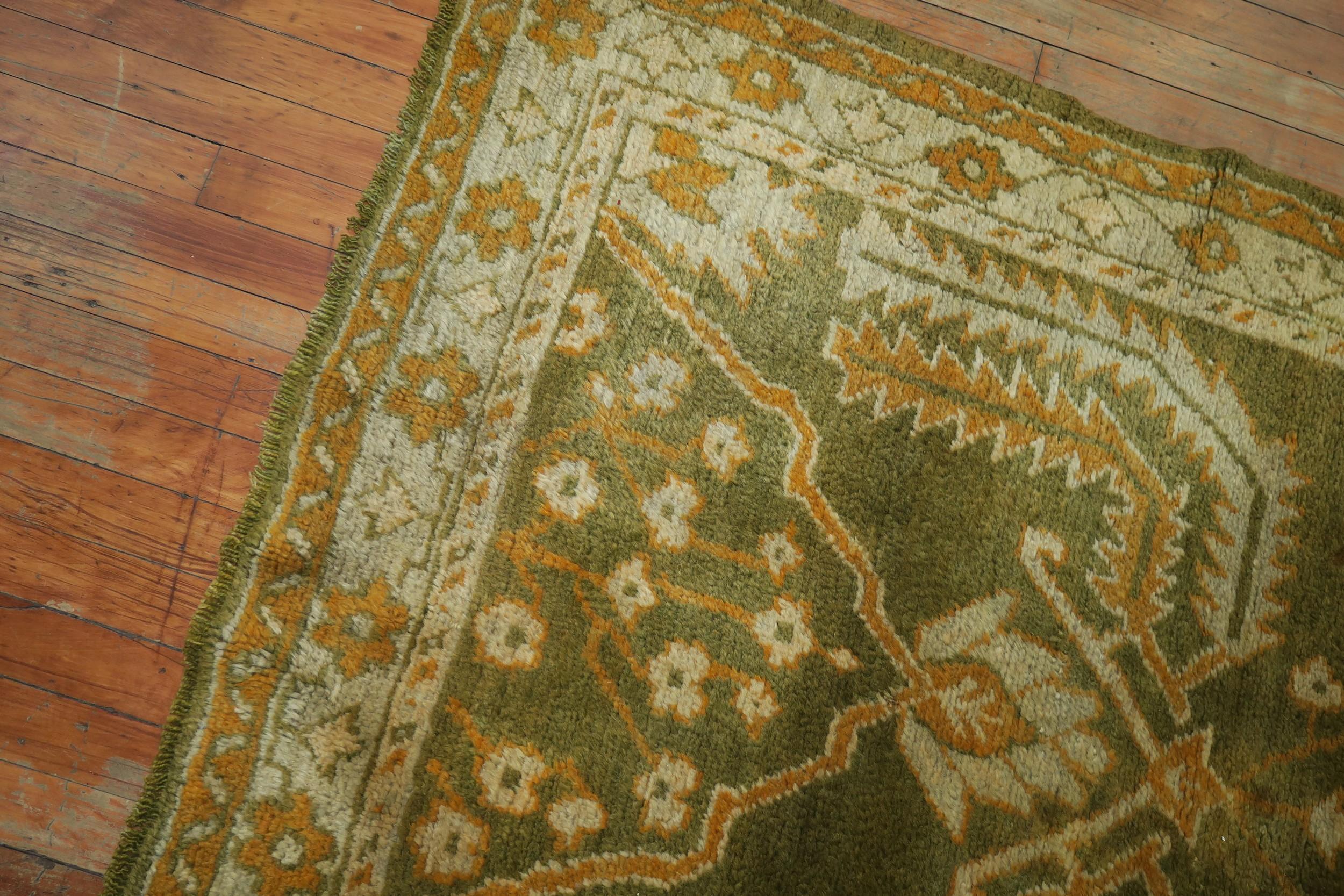 Arts and Crafts Forest Green Wide Antique Turkish Oushak Runner For Sale