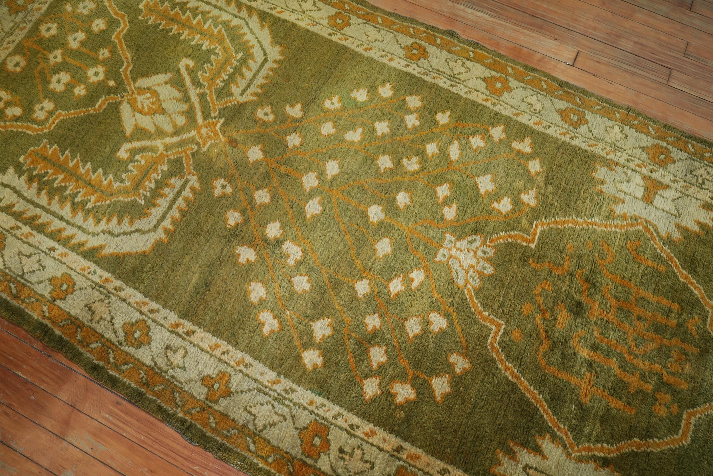 Hand-Woven Forest Green Wide Antique Turkish Oushak Runner For Sale