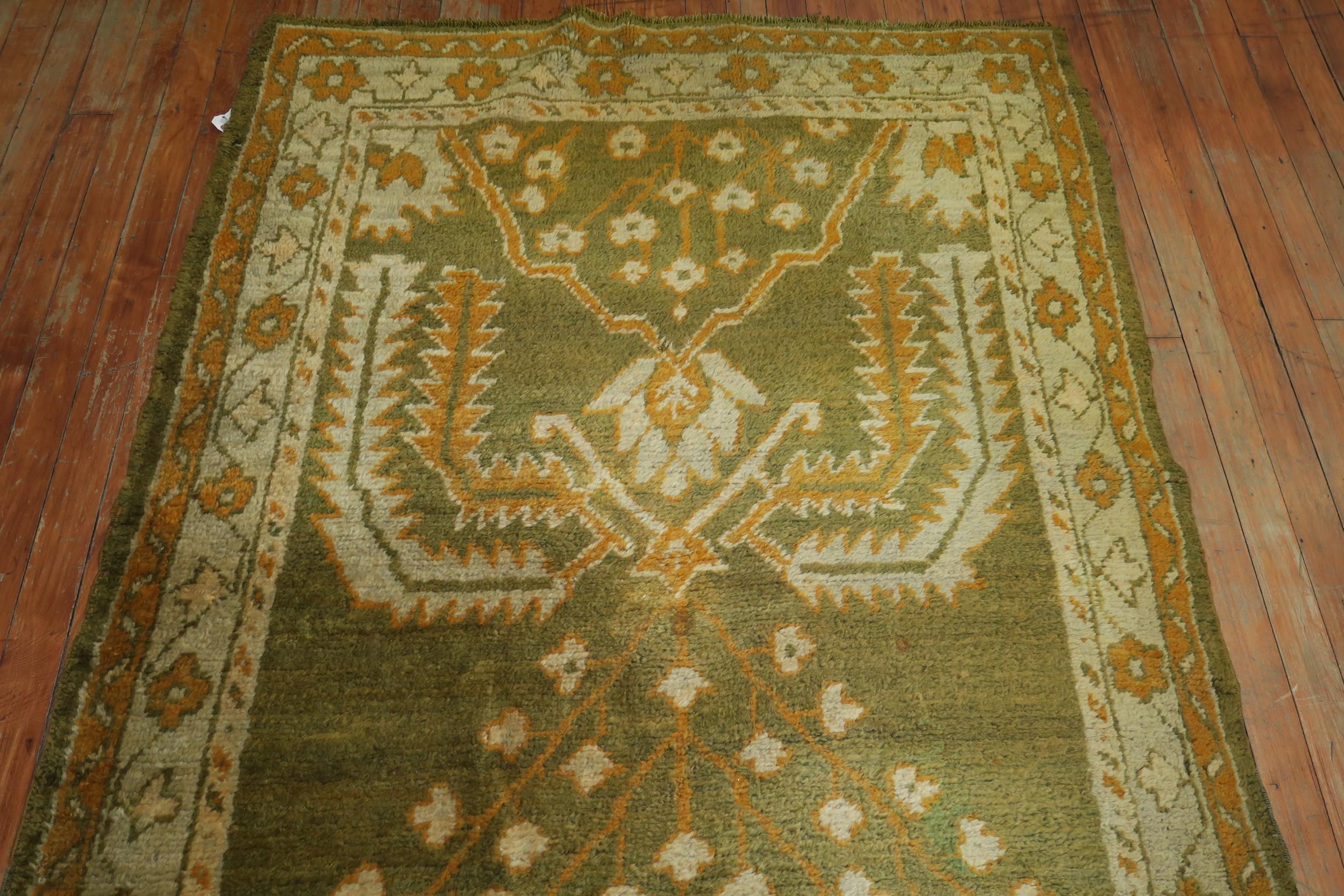 Forest Green Wide Antique Turkish Oushak Runner In Good Condition For Sale In New York, NY