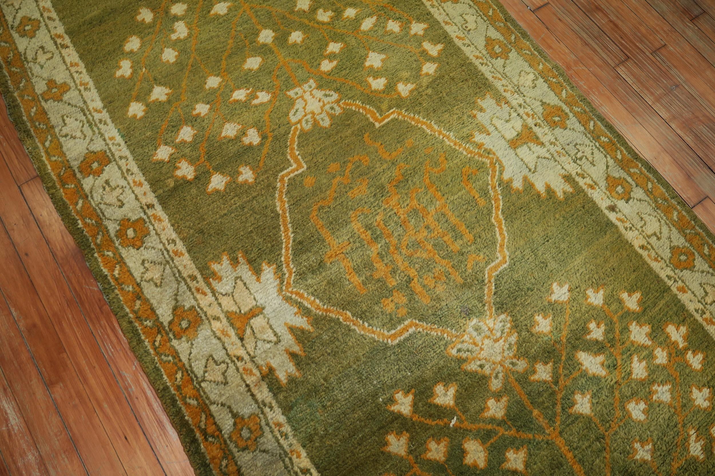 20th Century Forest Green Wide Antique Turkish Oushak Runner For Sale