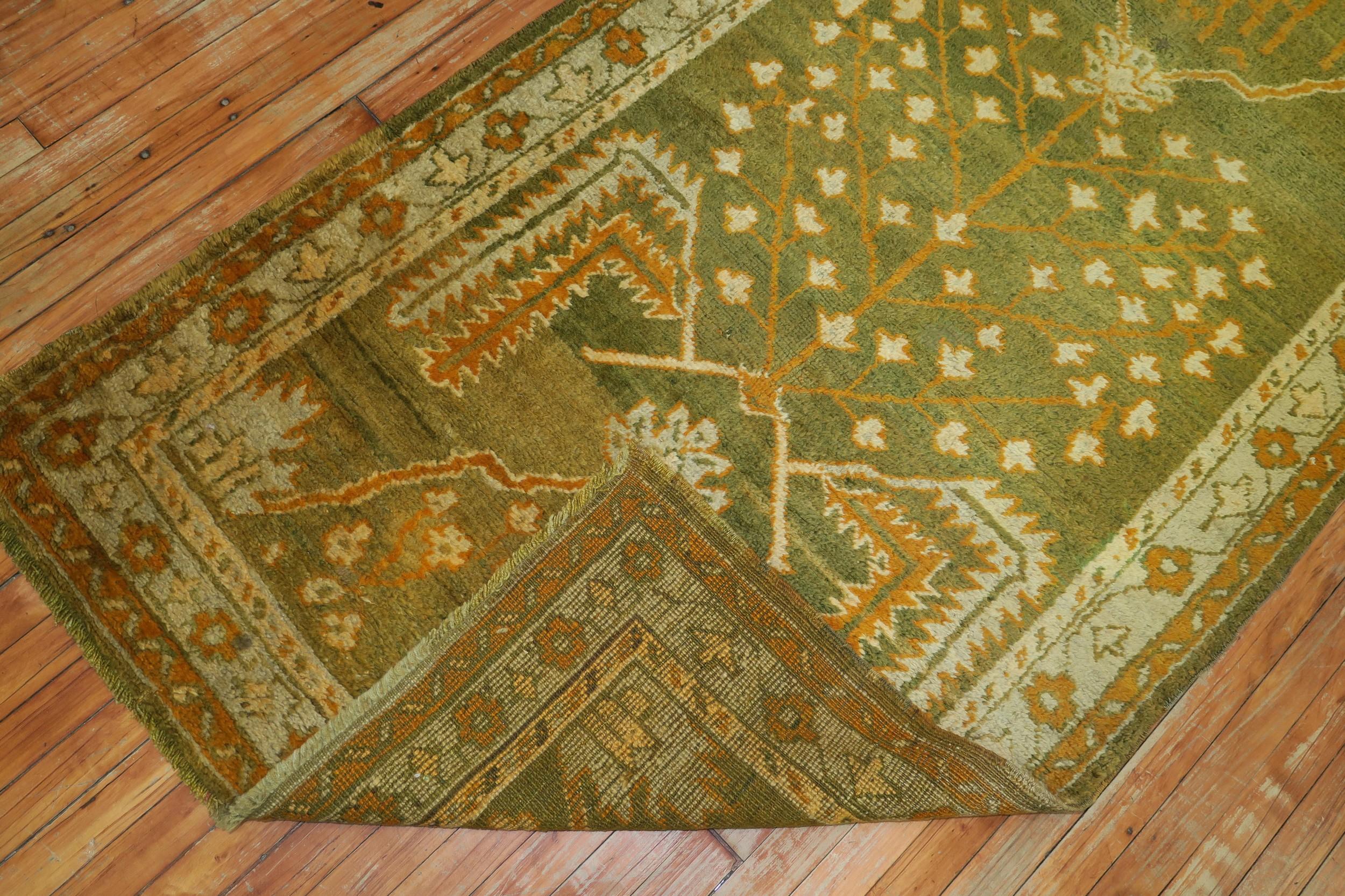 Wool Forest Green Wide Antique Turkish Oushak Runner For Sale