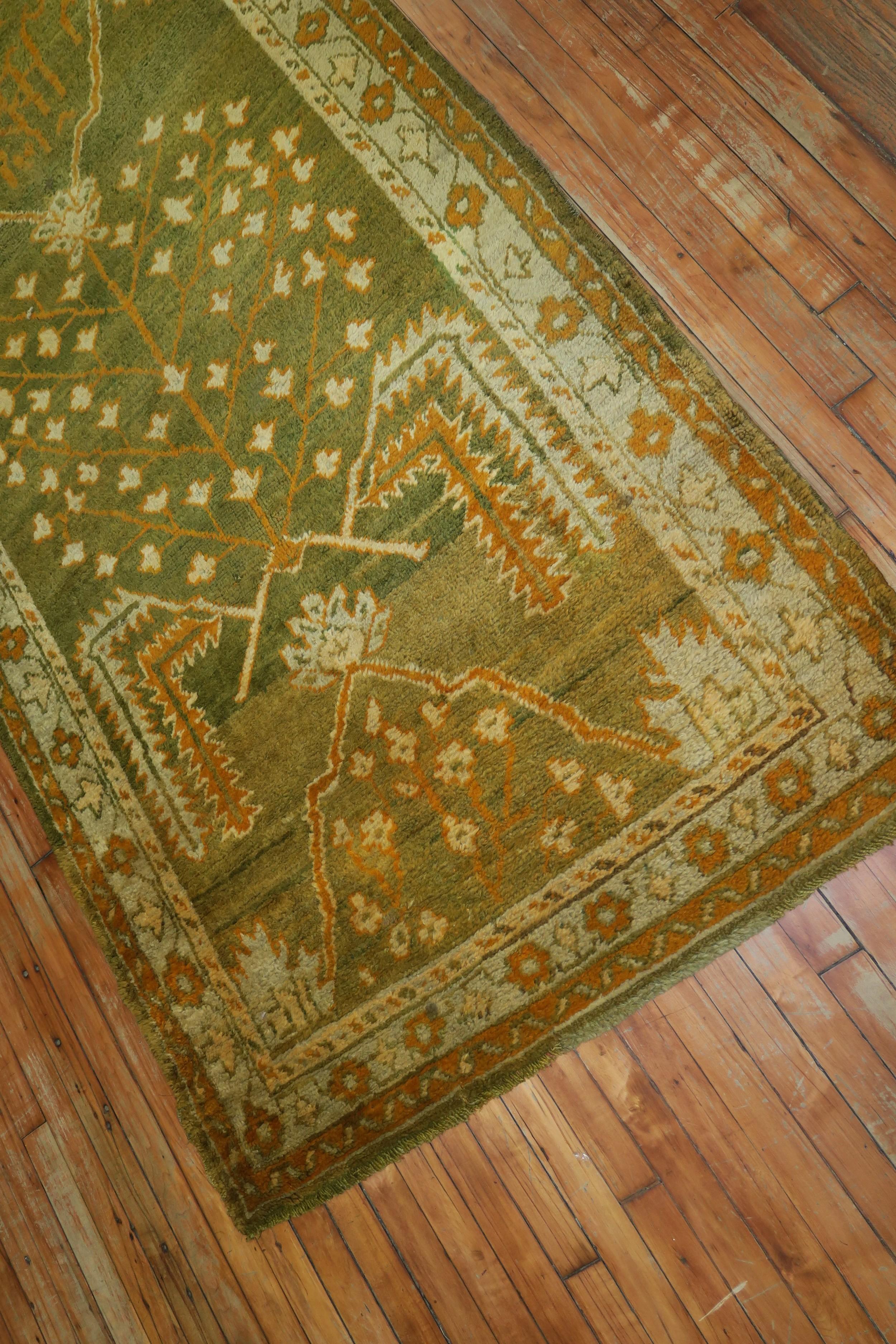 Forest Green Wide Antique Turkish Oushak Runner For Sale 2