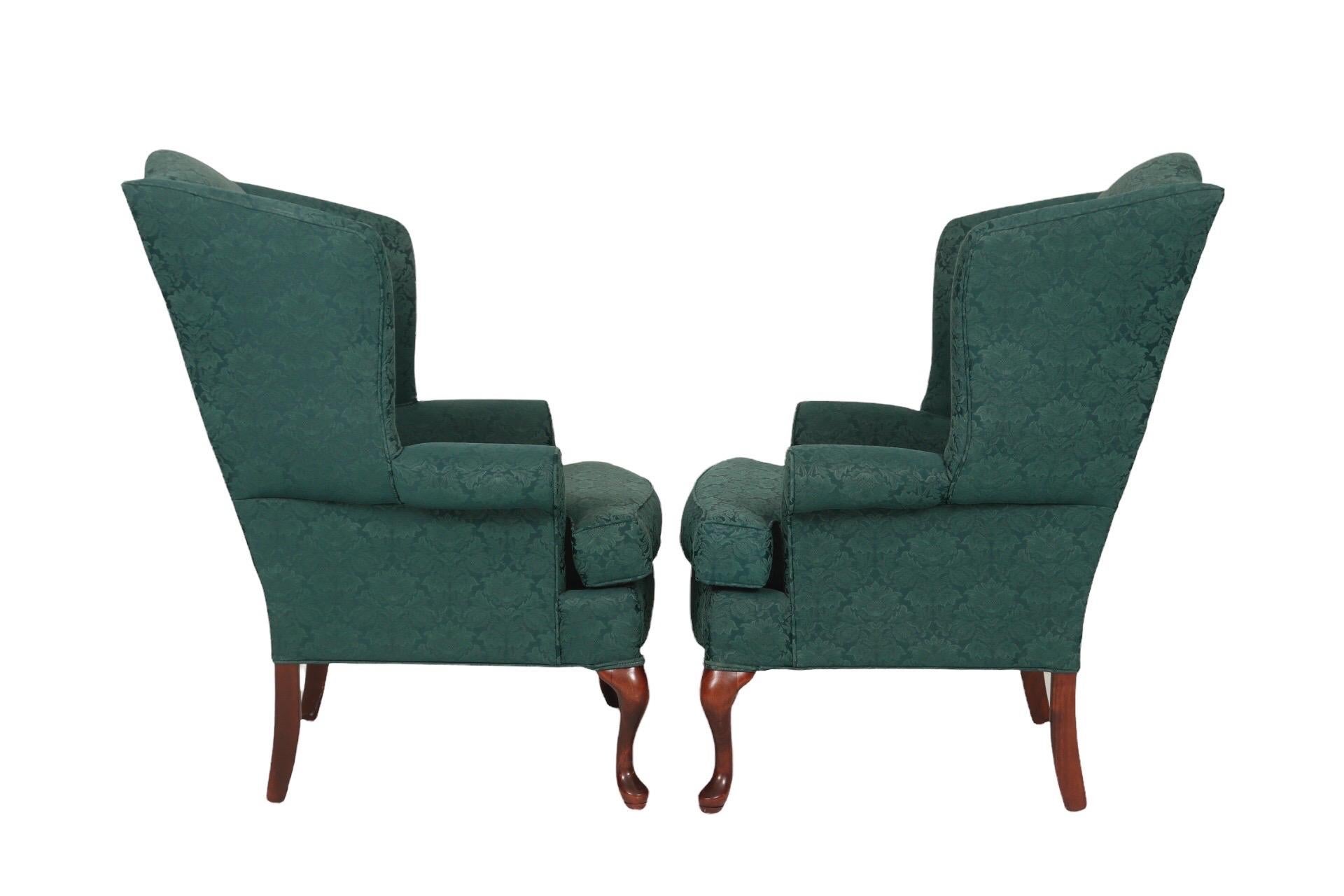 Forest Green Wingback Chairs, a Pair In Good Condition In Bradenton, FL