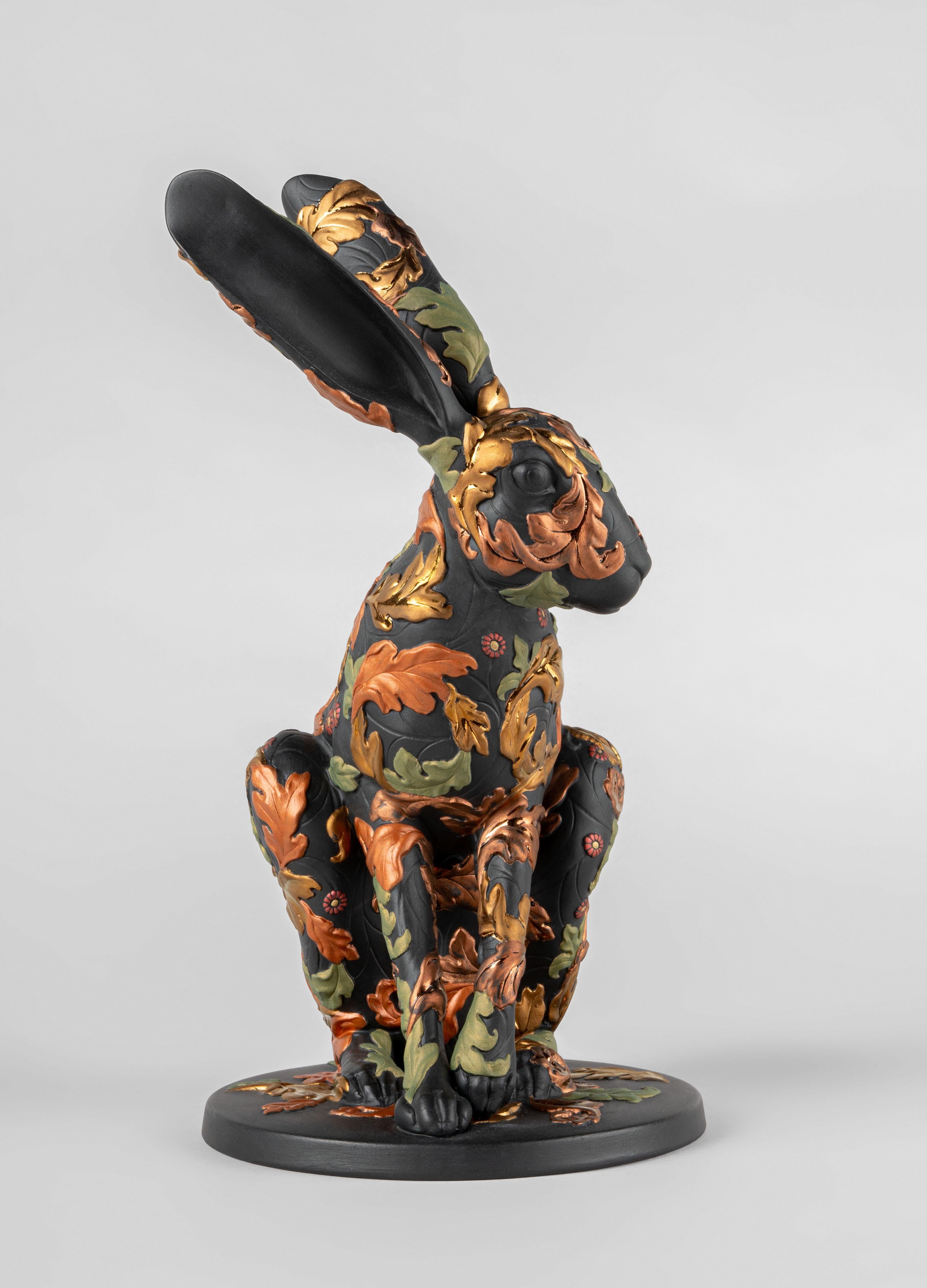 Porcelain sculpture depicting a hare, inspired by the plant motifs of the designer William Morris, one of the all-time masters of the decorative arts. This sculpture, made in matte black porcelain, depicts an exquisitely ornamented hare inspired by