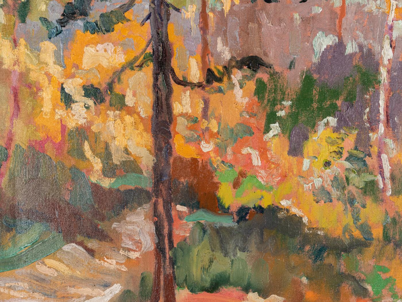 Painted Forest in Autumn 1935 Oil on Canvas Framed Landscape Green Fall Pine Trees For Sale