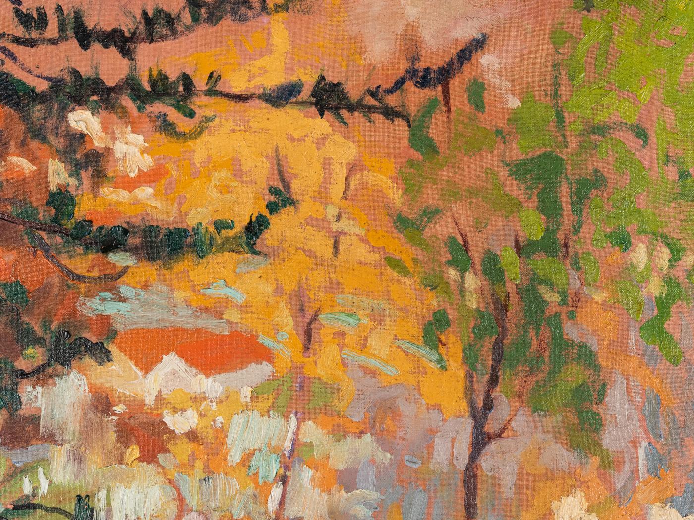 Forest in Autumn 1935 Oil on Canvas Framed Landscape Green Fall Pine Trees In Good Condition For Sale In Neuss, NW