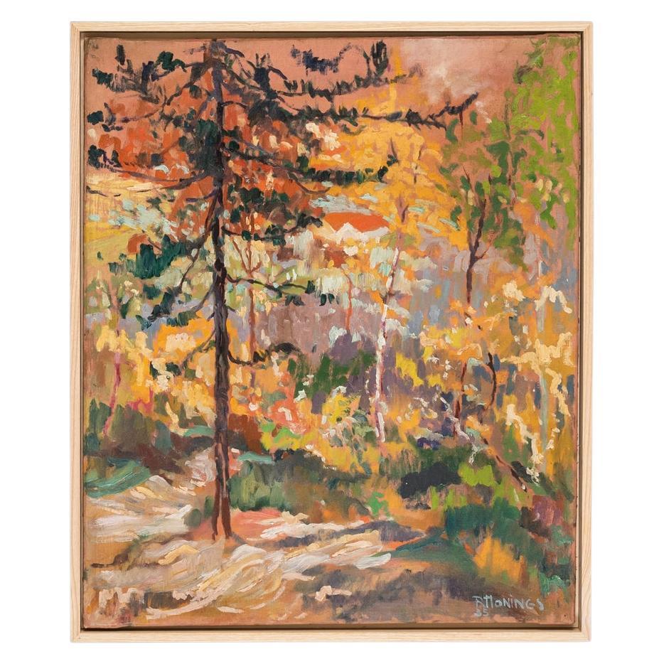 Forest in Autumn 1935 Oil on Canvas Framed Landscape Green Fall Pine Trees For Sale