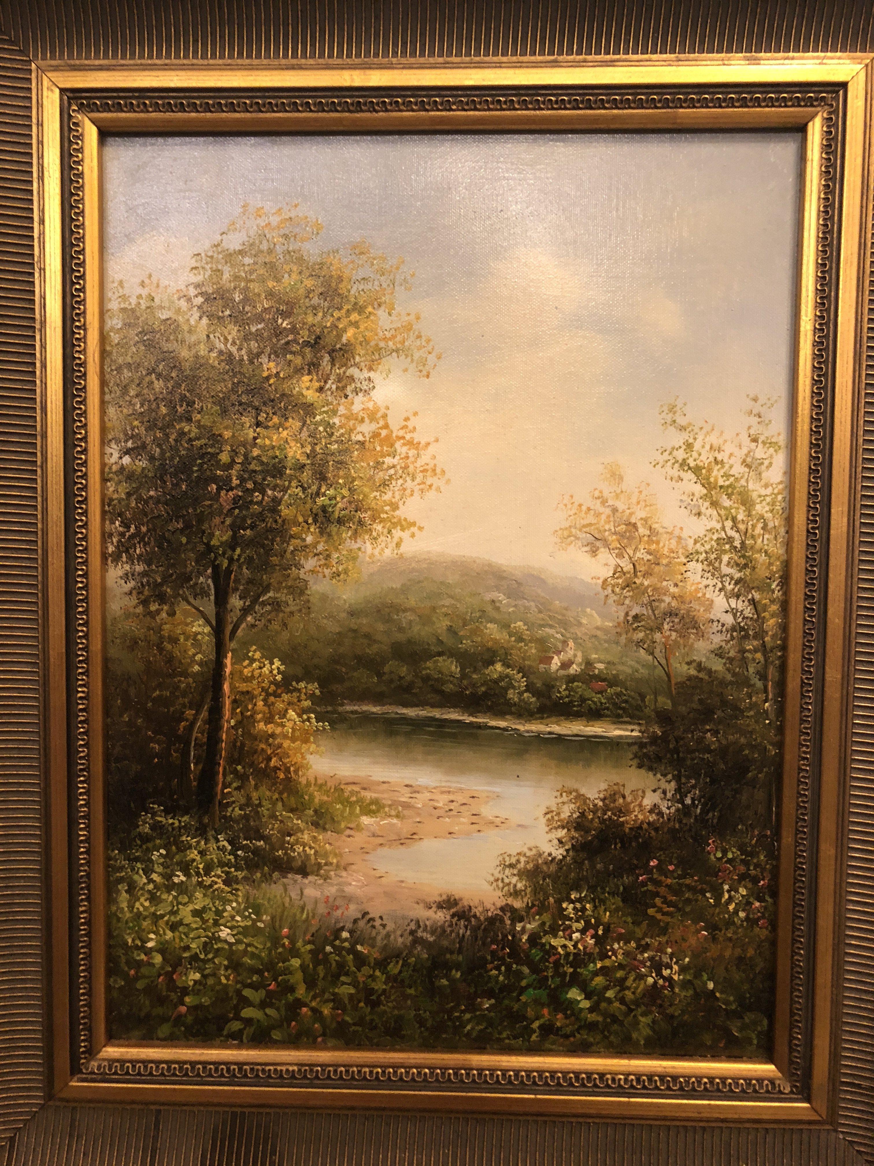 An exquisite oil on canvas landscape painting featuring a relaxing forest scene. The gilt frame is beautifully carved and adds elegance to the painting. 
A classical and artsy addition to your wall decoration.