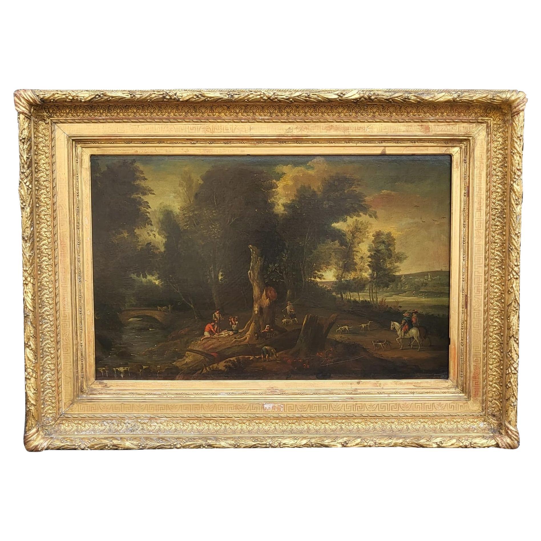 Forest Landscape, Oil On Framed Canvas, 19th Century For Sale