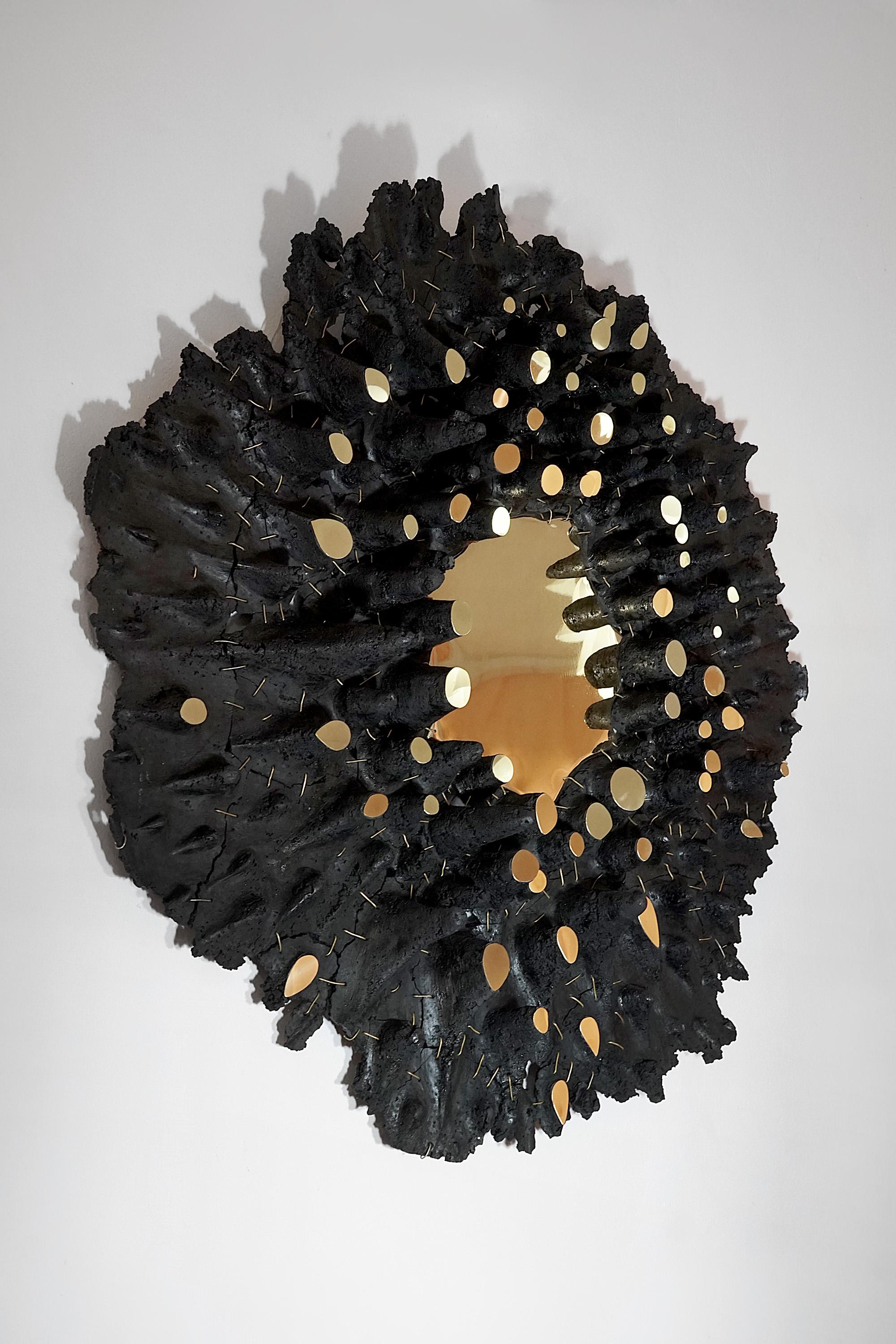 Forest Mirror by Eduard Locota, Wall Sculpture Polished Brass, Brass Wire, Coal In New Condition In Timisoara, RO