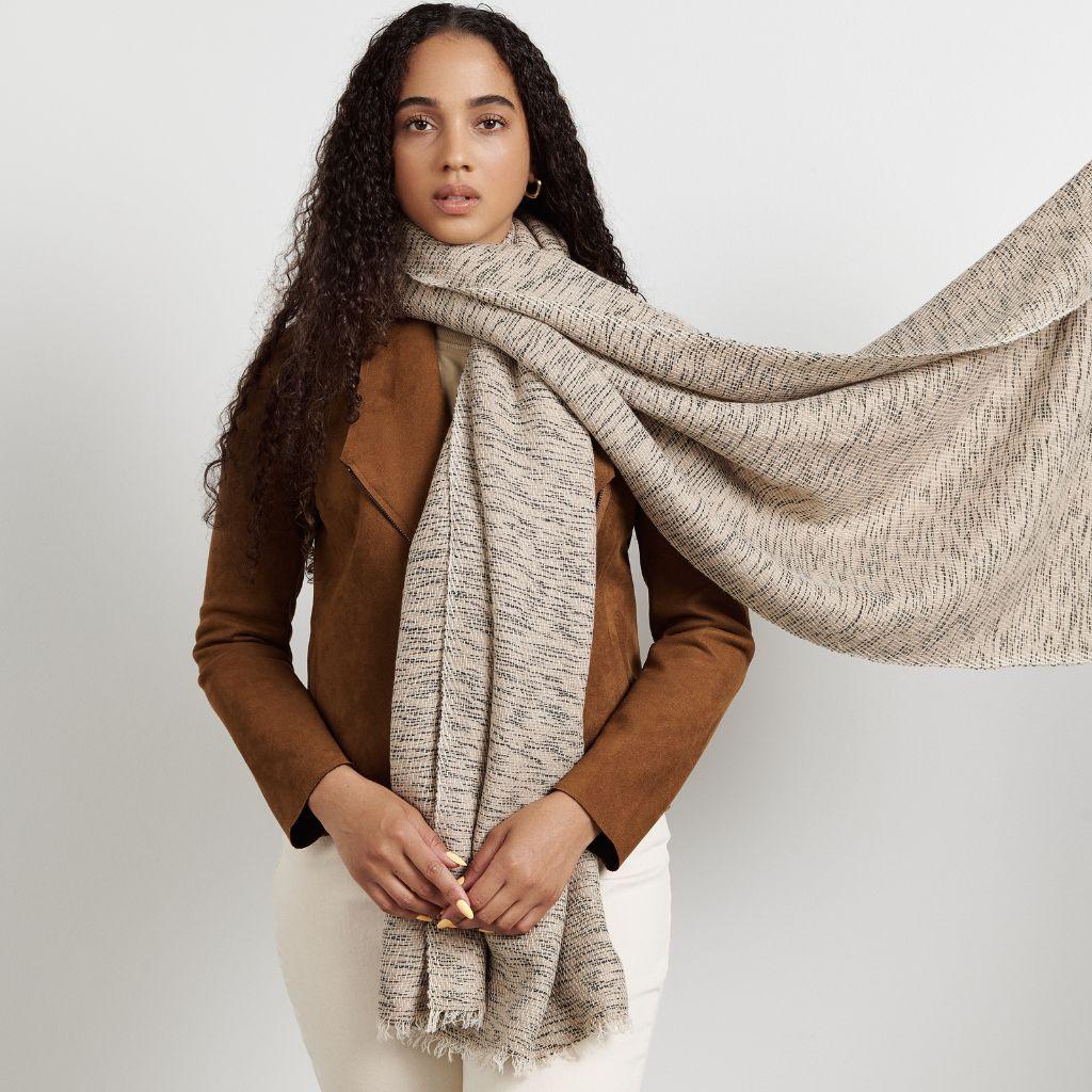 Forest Night Handwoven Soft Cashmere Merino Scarf In Neutral Cream In New Condition For Sale In Bloomfield Hills, MI