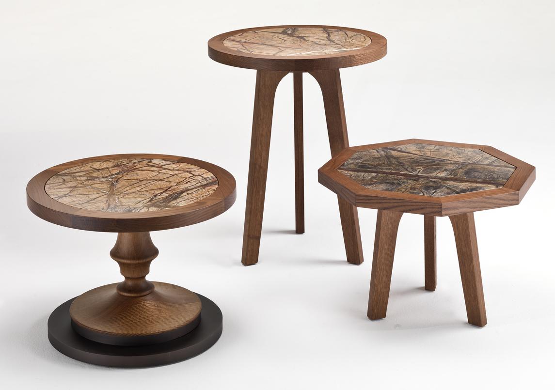 Italian FOREST Round Occasional Table in solid oak and marble top - three wooden legs For Sale