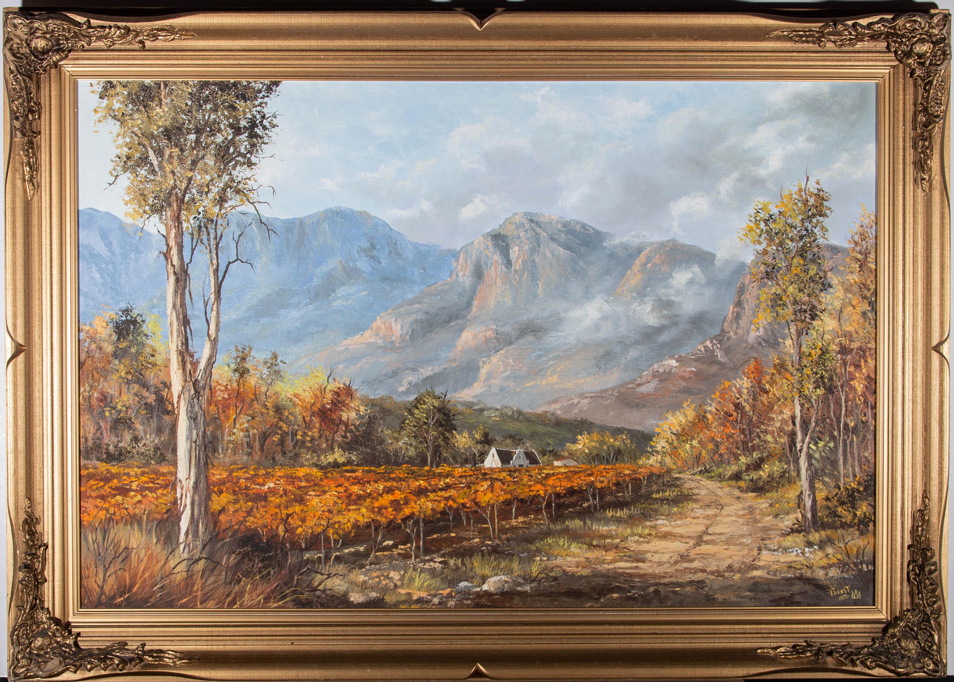 A large and colourful oil painting depicting a view of a South African vineyard. Presented in a gilt-effect wooden frame with ornate moulding to the corners. Signed and dated to the lower-right corner. On board.
