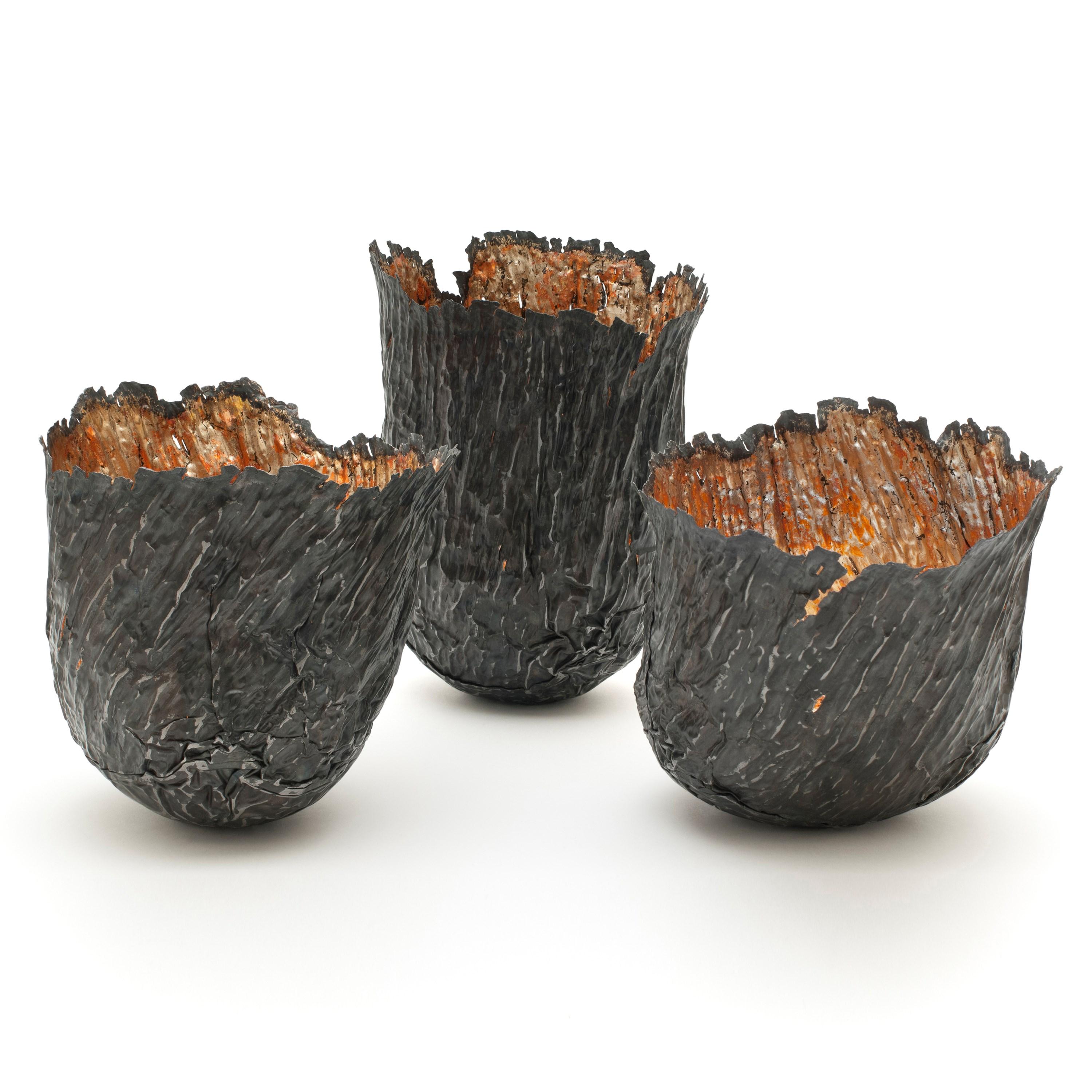 'Forest Relic Collection' is a unique trio of sculptural vessels by the British artist, Claire Malet. 

The size for each one is;

Forest Relic I 20cm H, 14cm ø £1375
?Forest Relic II 15cm H, 14cm ø £1200?
Forest Relic III 15cm H, 14cm ø