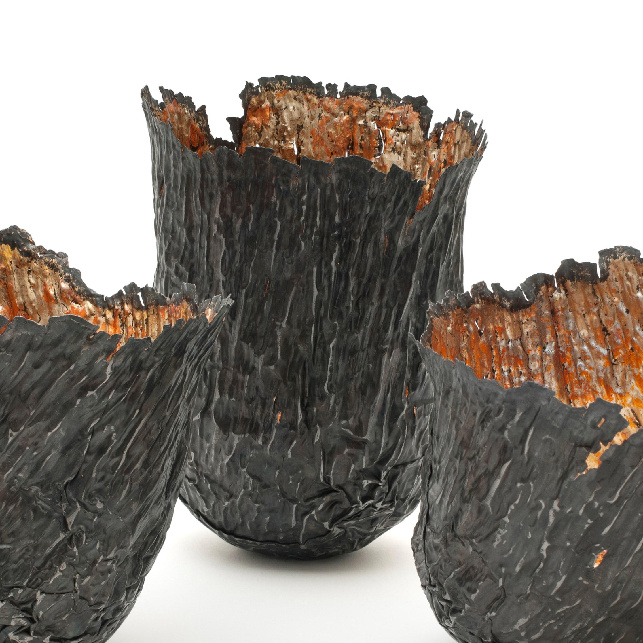 Organic Modern Forest Relic Collection, Steel & Gold Textured Metal Vessels by Claire Malet For Sale