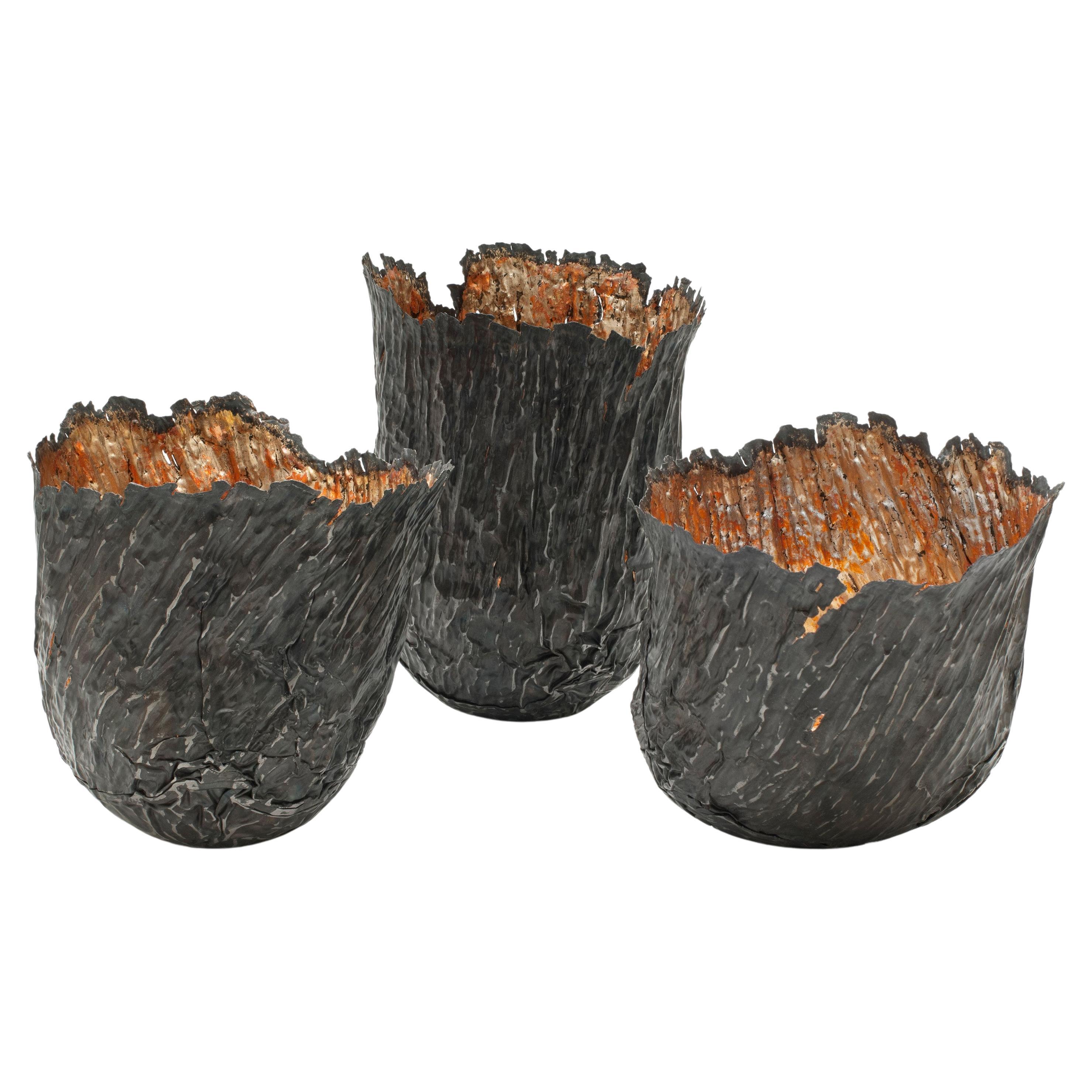 Forest Relic Collection, Steel & Gold Textured Metal Vessels by Claire Malet