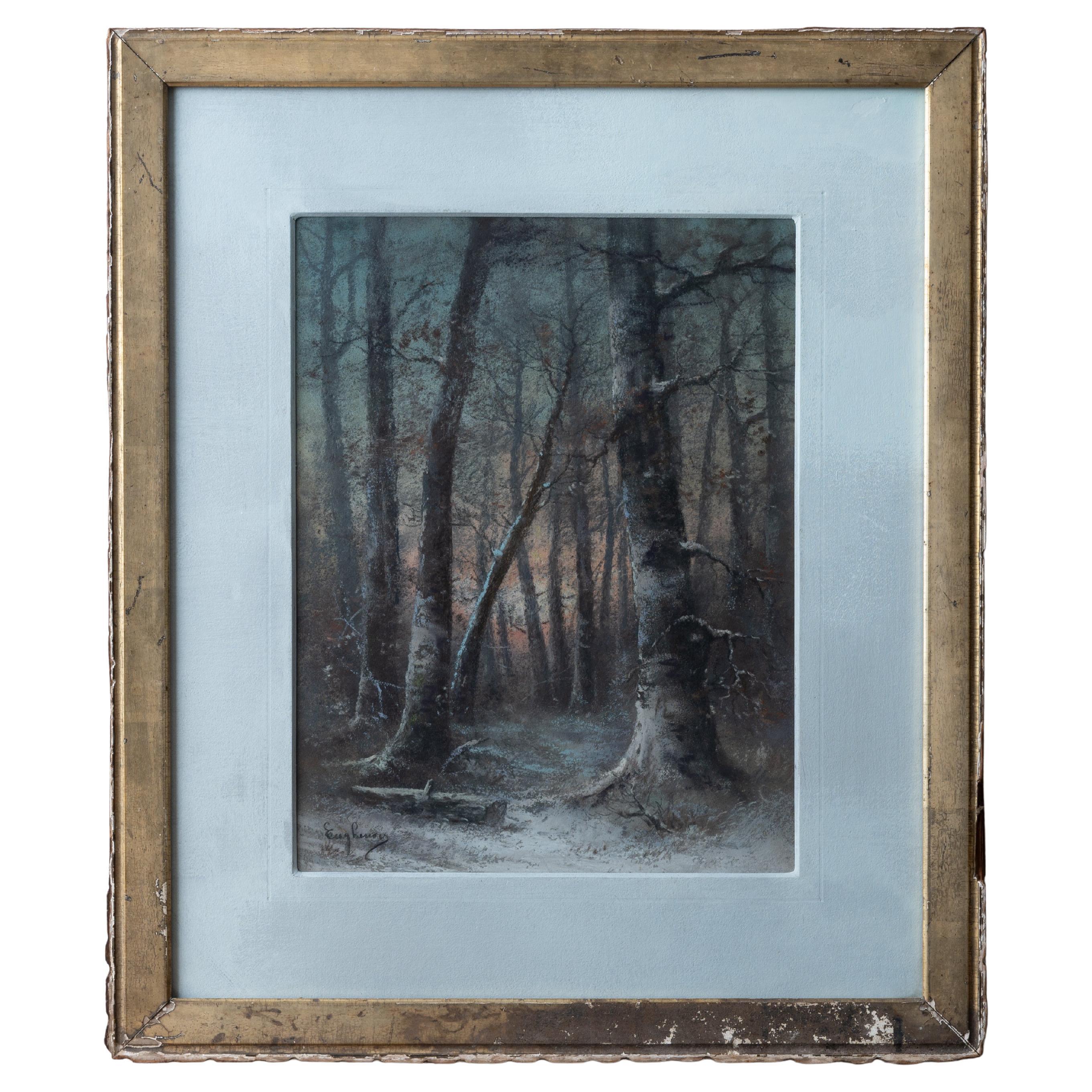Pastel de escena de bosque, siglo XIX