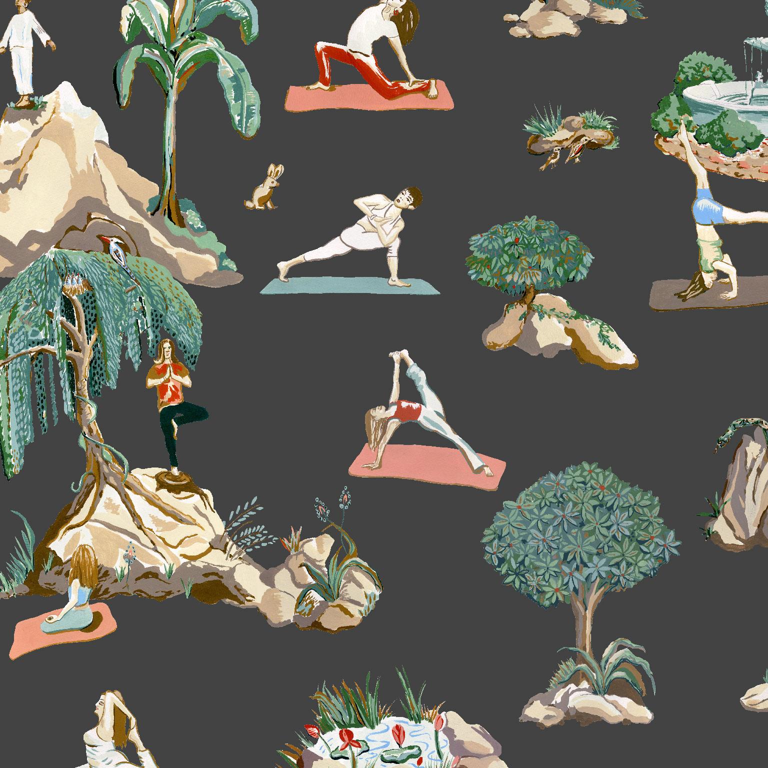 Forest Yoga, Natural on Charcoal Color-Way, Eco-Friendly Smooth Wallpaper For Sale