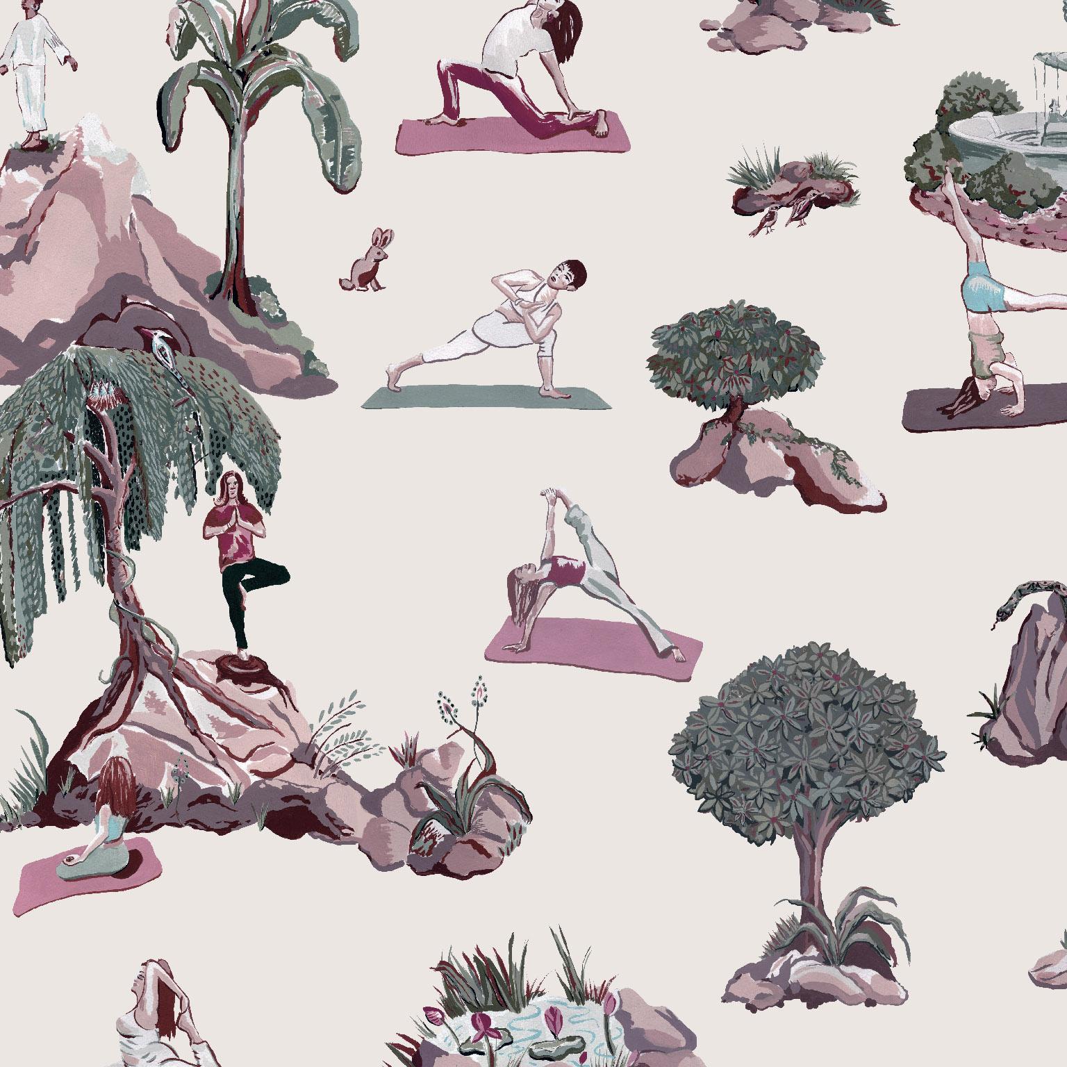 Modern Forest Yoga Wallpaper Natural Color Way on Smooth Paper For Sale