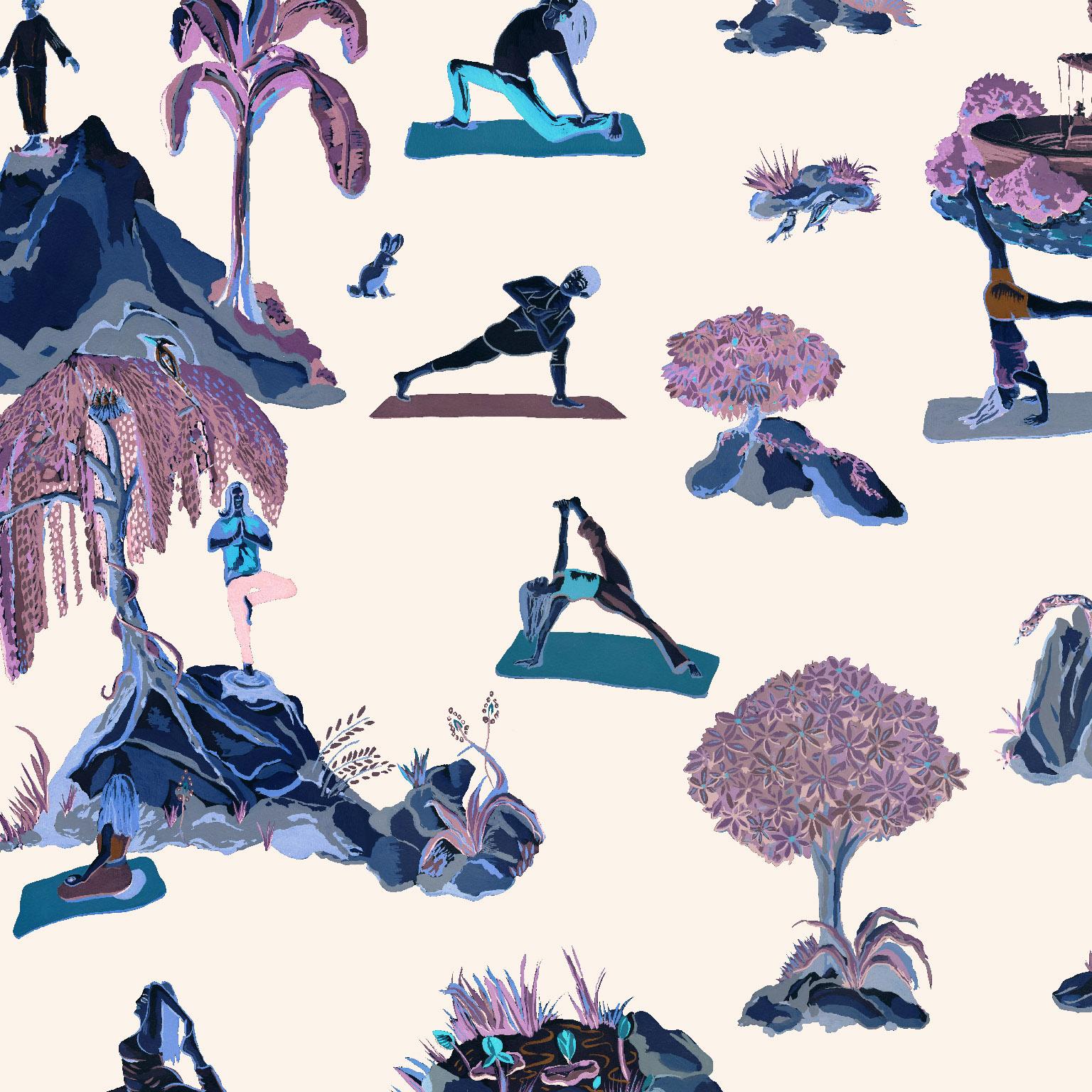 American Forest Yoga Wallpaper Natural Color Way on Smooth Paper For Sale