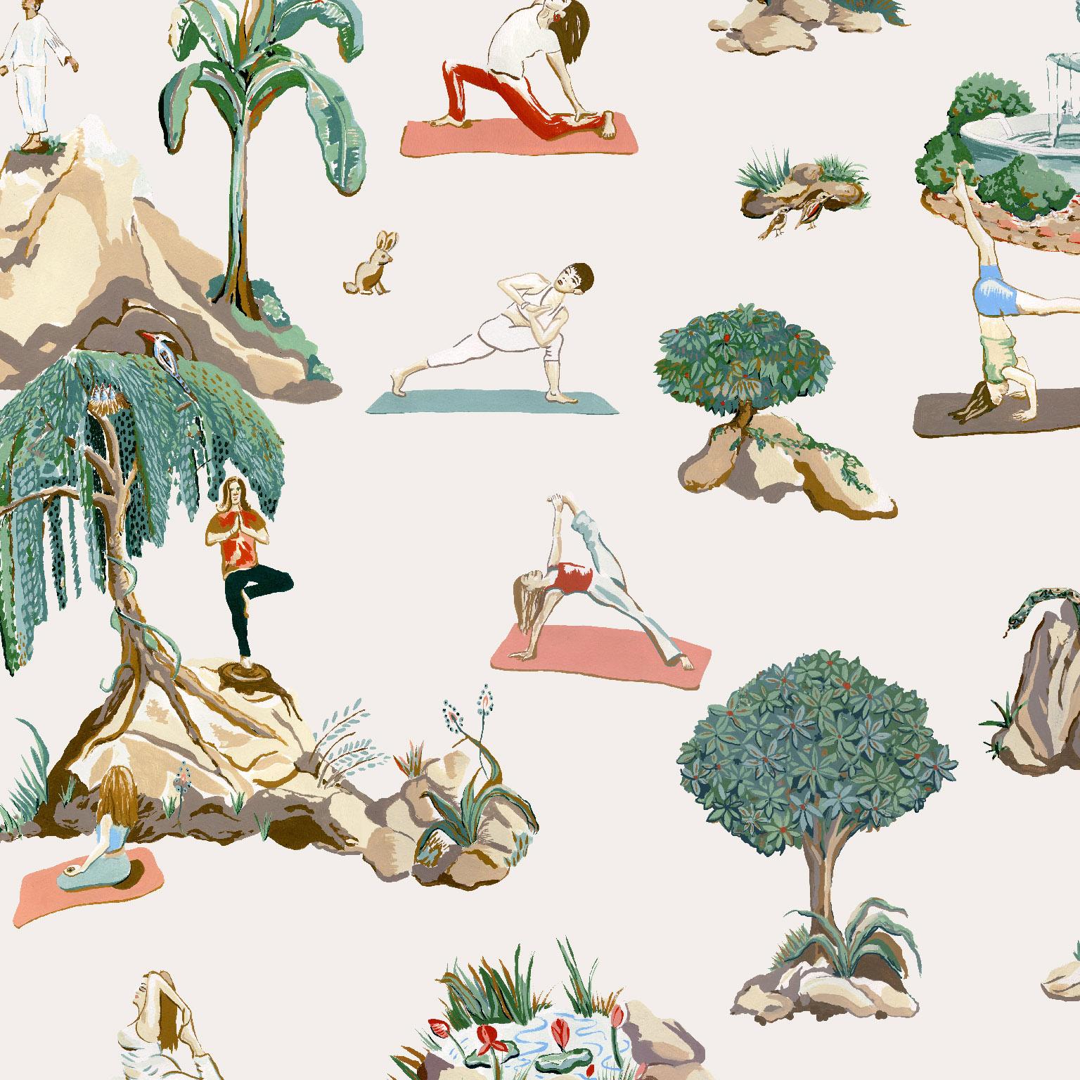 Modern Forest Yoga Wallpaper Natural on Charcoal Color Way on Smooth Paper For Sale