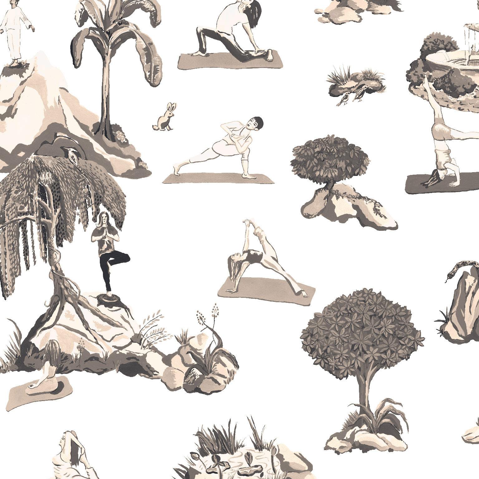 Contemporary Forest Yoga Wallpaper Natural on Charcoal Color Way on Smooth Paper For Sale