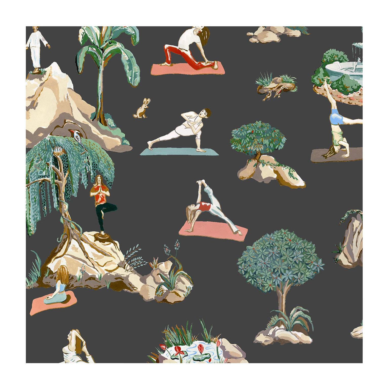 Forest Yoga Wallpaper Natural on Charcoal Color Way on Smooth Paper For Sale