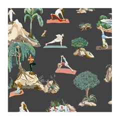 Forest Yoga Wallpaper Natural on Charcoal Color Way on Smooth Paper