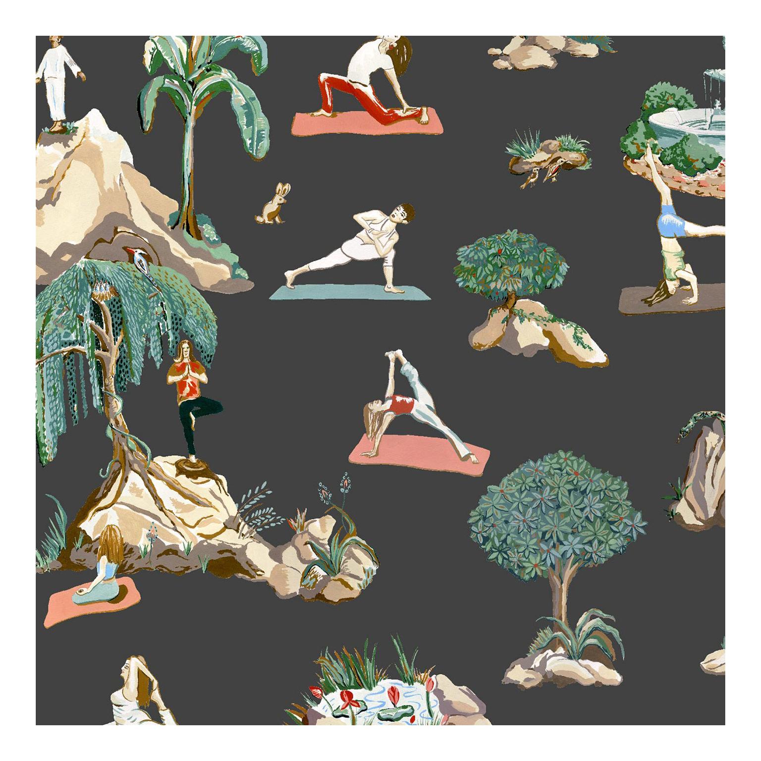 Forest Yoga Wallpaper Natural on Charcoal Color Way on Smooth Paper For Sale