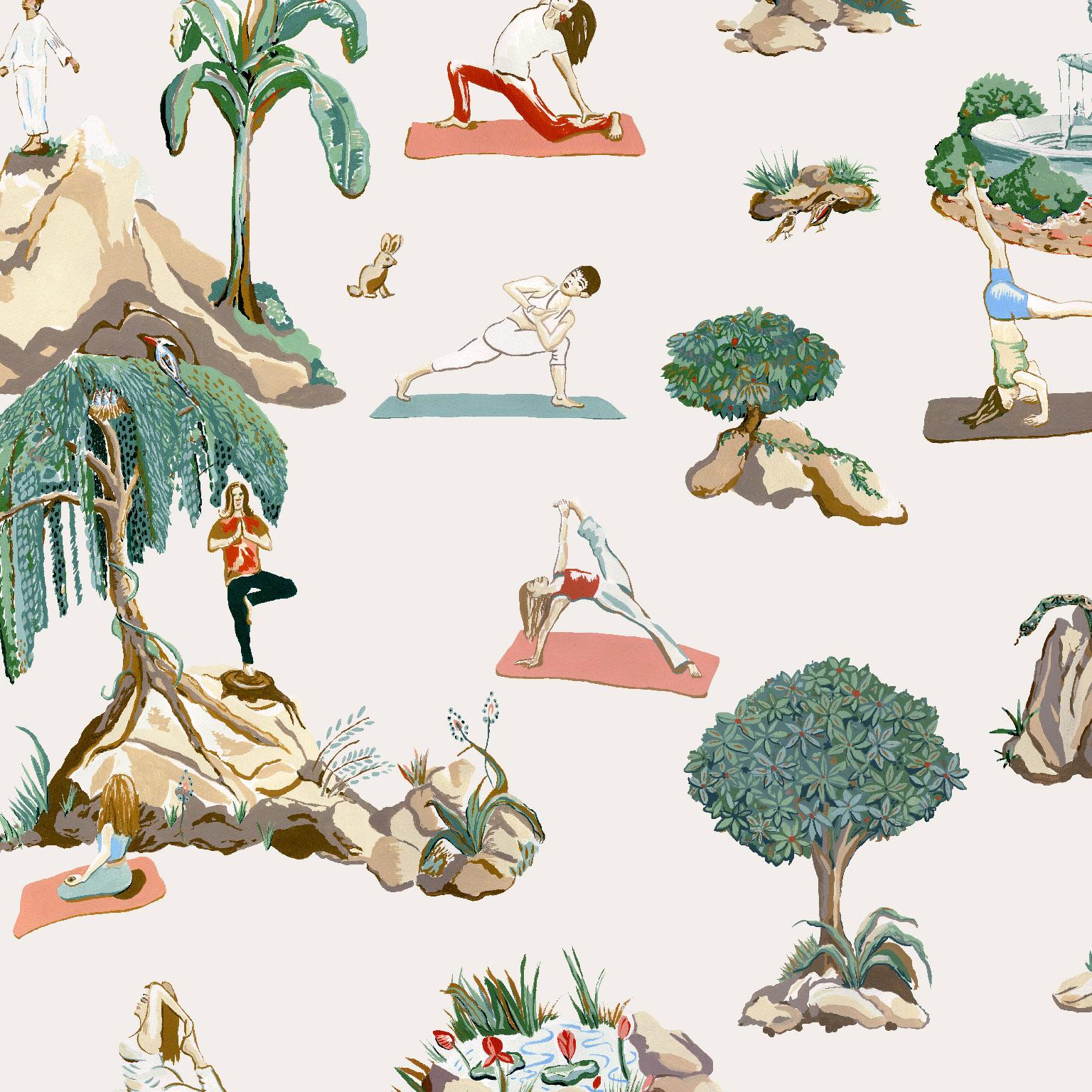 Modern Forest Yoga Wallpaper Overcast Color Way on Smooth Paper For Sale