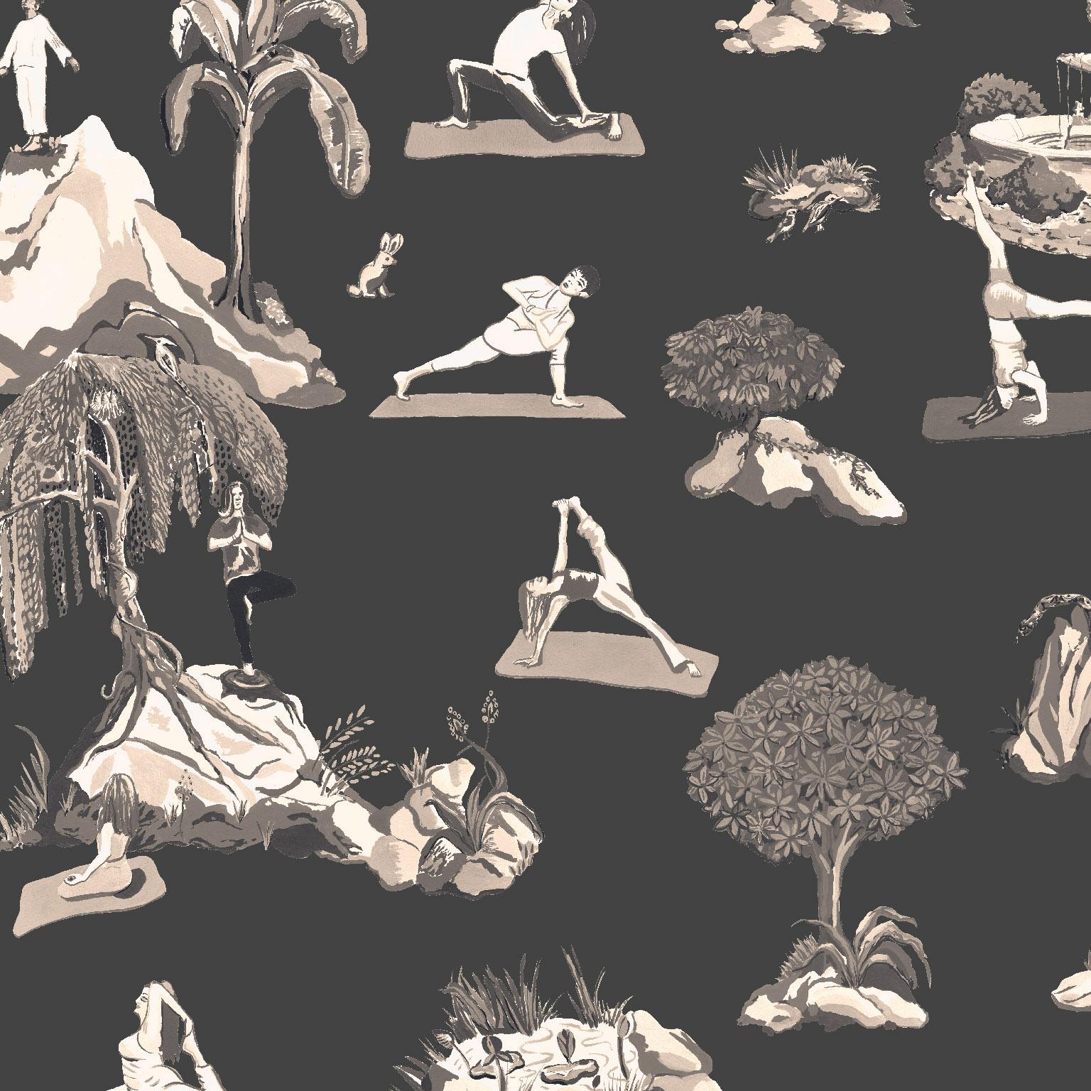 Contemporary Forest Yoga Wallpaper Sepia Color Way on Smooth Paper For Sale