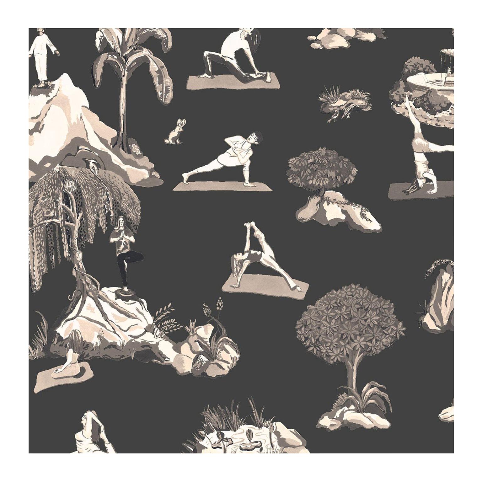 Forest Yoga Wallpaper Sepia on Charcoal Color Way on Smooth Paper For Sale
