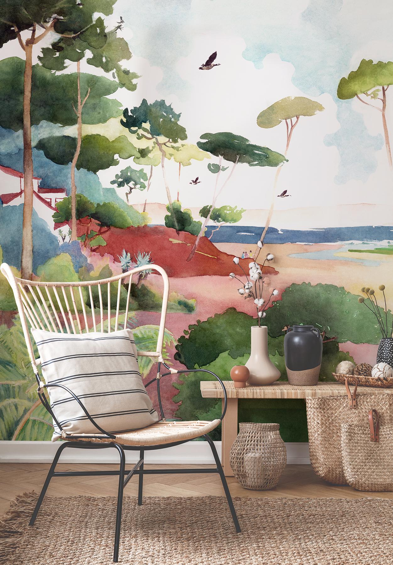 All our products are custom made. The price per square meter is 91 $. The price shown is for a 350cm wide by 250cm high wall

Take a walk through the colourful landscapes of the Cap Ferret coastline created with watercolours by Marion Bartherotte.