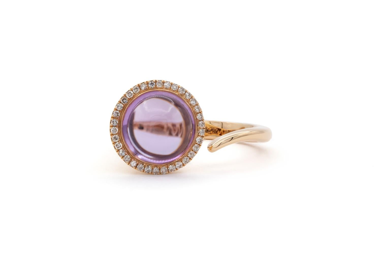 We are pleased to offer this Brand New Unworn Forever 18k Rose Gold Purple Amethyst & Diamond Cocktail Fashion Ring. This stunning ring features a 4.04ct cabochon cut natural purple amethyst accented by 0.145ctw round brilliant cut diamonds all set