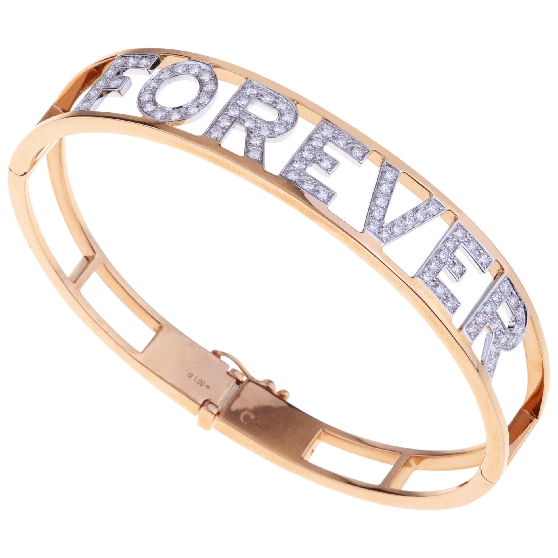 "FOREVER" Gold Bangle Bracelet with Diamonds For Sale