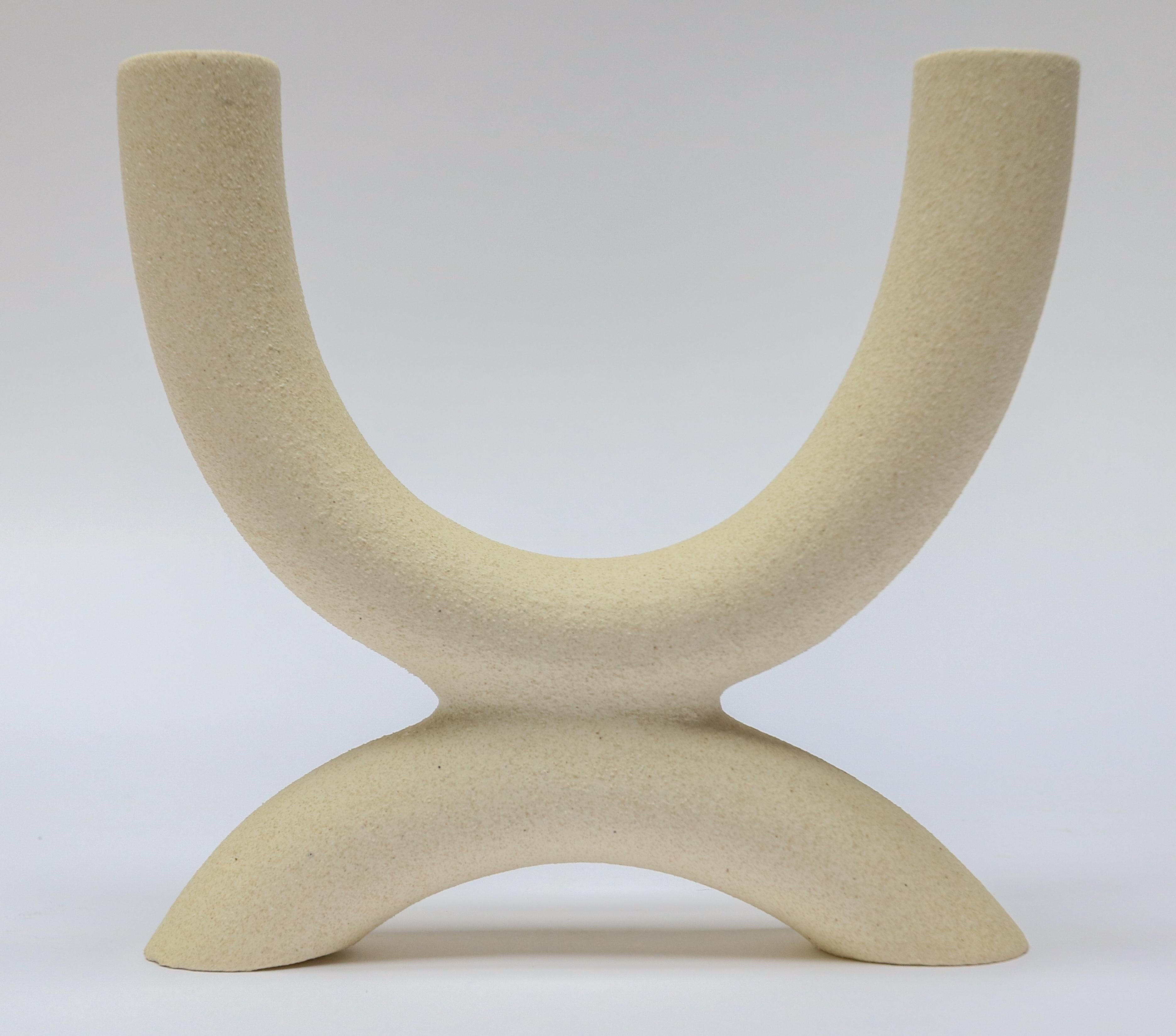 Forevermore & Harmony Duel Candle Holders in Blanc White & Birch Tan In New Condition For Sale In Los Angeles, CA