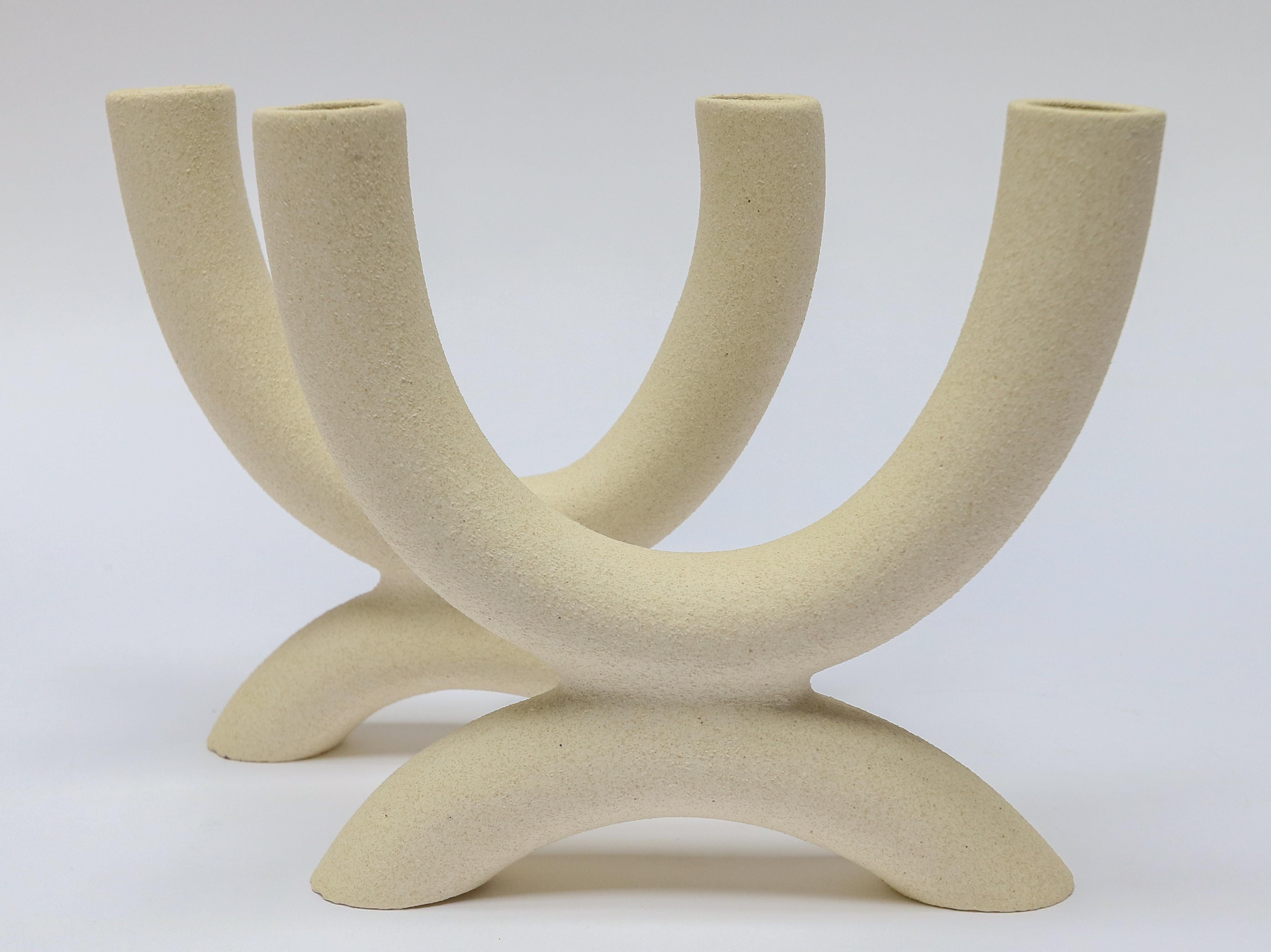 Ceramic Forevermore & Harmony Duel Candle Holders in Blanc White & Birch Tan For Sale