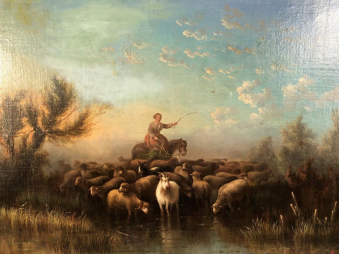 Prosper Ferey, grande huile sur toile, “Bergère et son troupeau” milieu XIXe - Painting by Forey Prosper