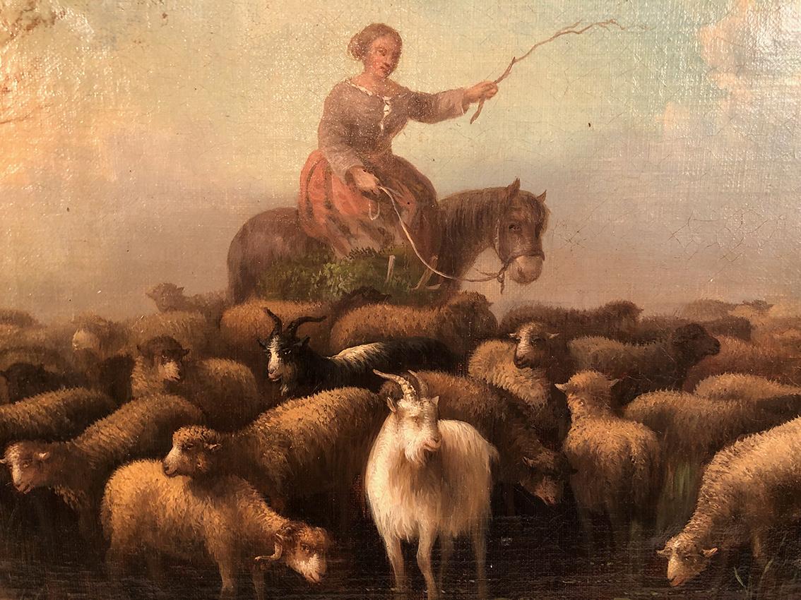 Prosper Ferey, grande huile sur toile, “Bergère et son troupeau” milieu XIXe - French School Painting by Forey Prosper