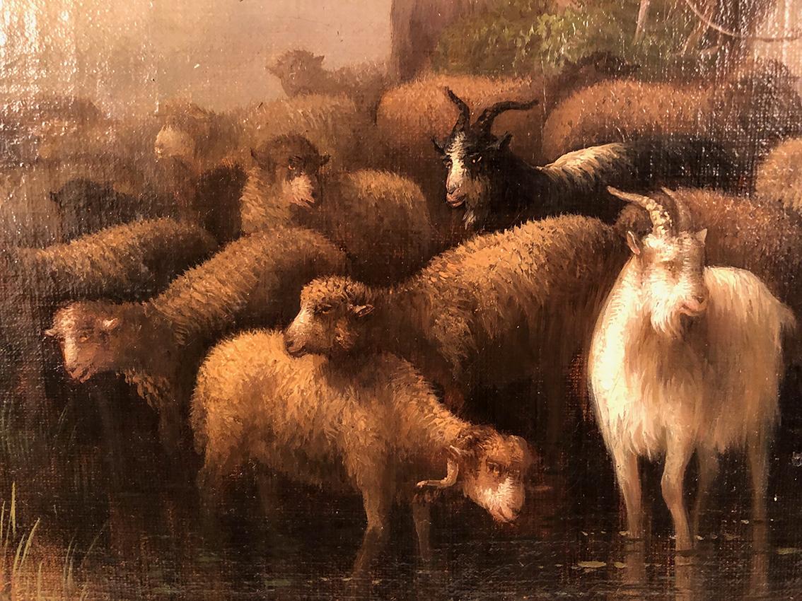 Prosper Ferey, grande huile sur toile, “Bergère et son troupeau” milieu XIXe For Sale 1