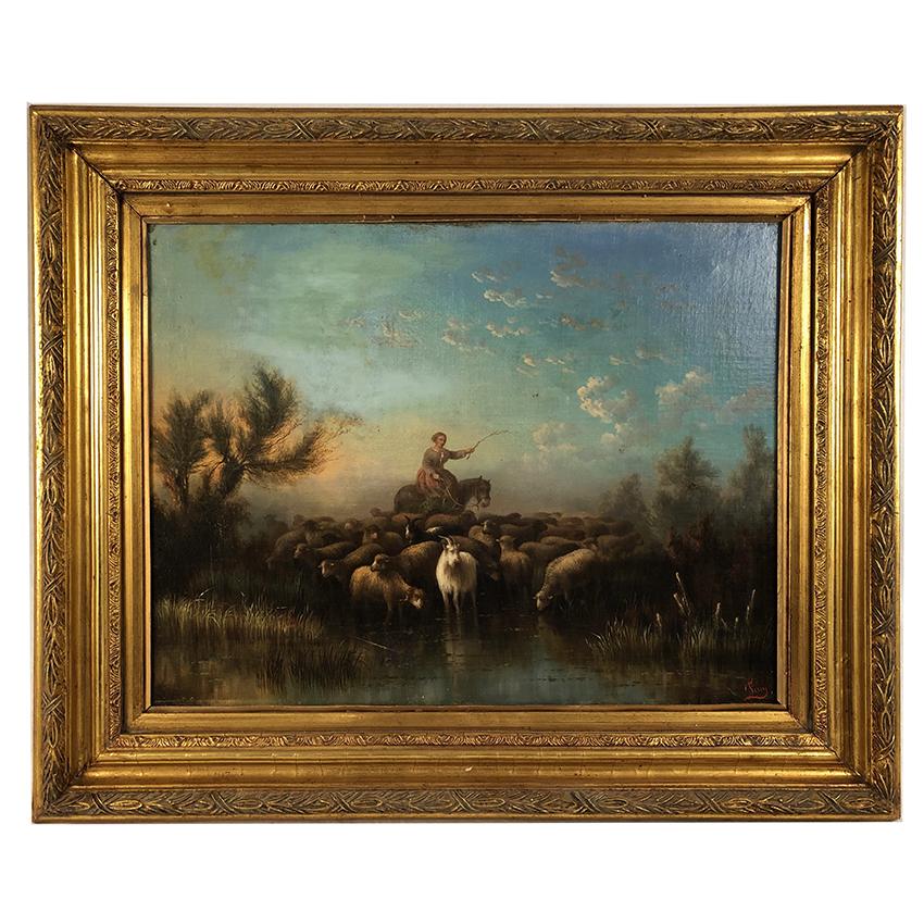 Forey Prosper Landscape Painting - Prosper Ferey, grande huile sur toile, “Bergère et son troupeau” milieu XIXe