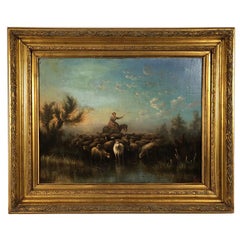 Prosper Ferey, grande huile sur toile, Bergère et son troupeau milieu XIXe