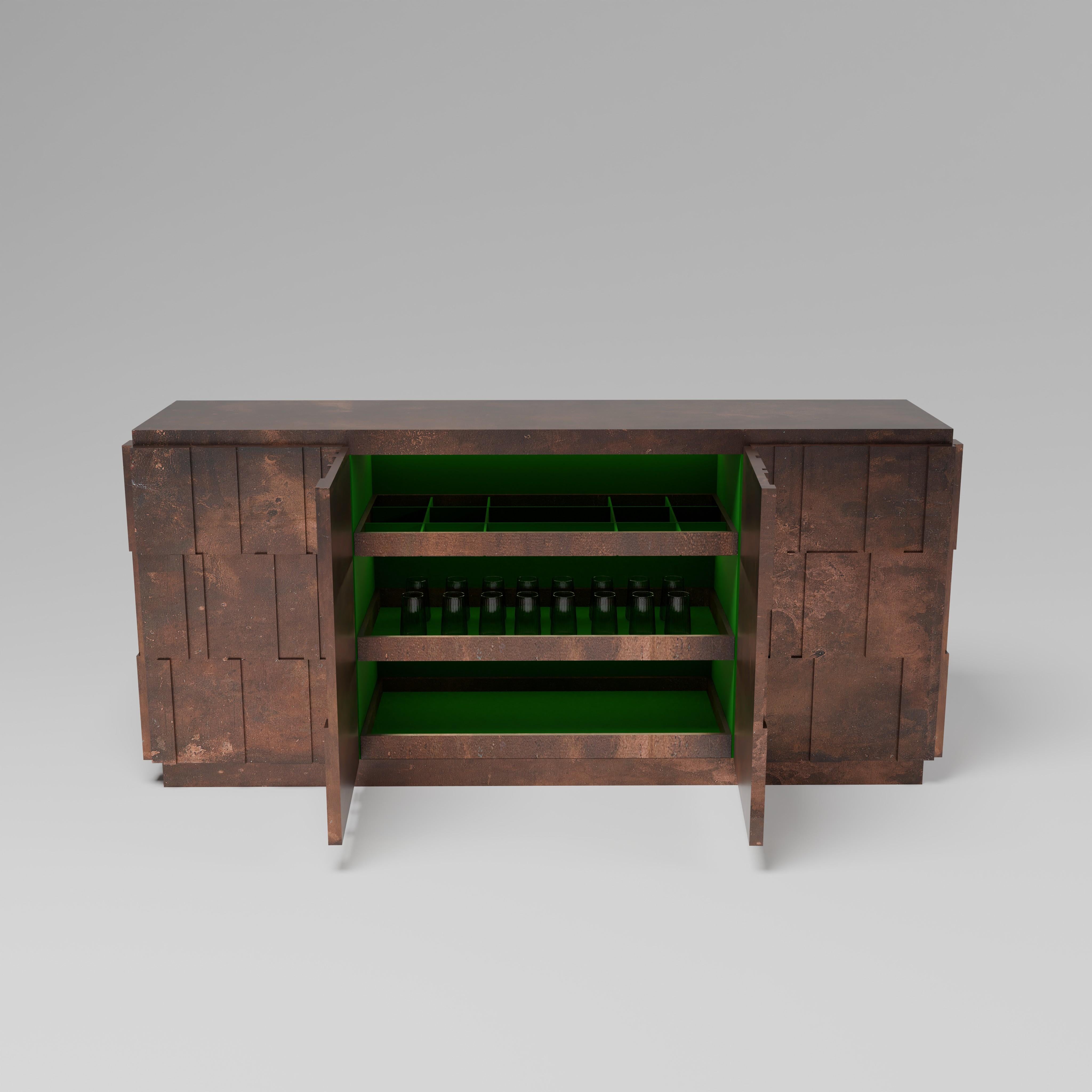 Inspired by Brutalist architecture the Forge Console is a geometric cabinet with a rich, aged copper patina, with layered textures and an industrial yet sculptural vibe. Transform your home with this elegant and timeless cabinet with drawers and